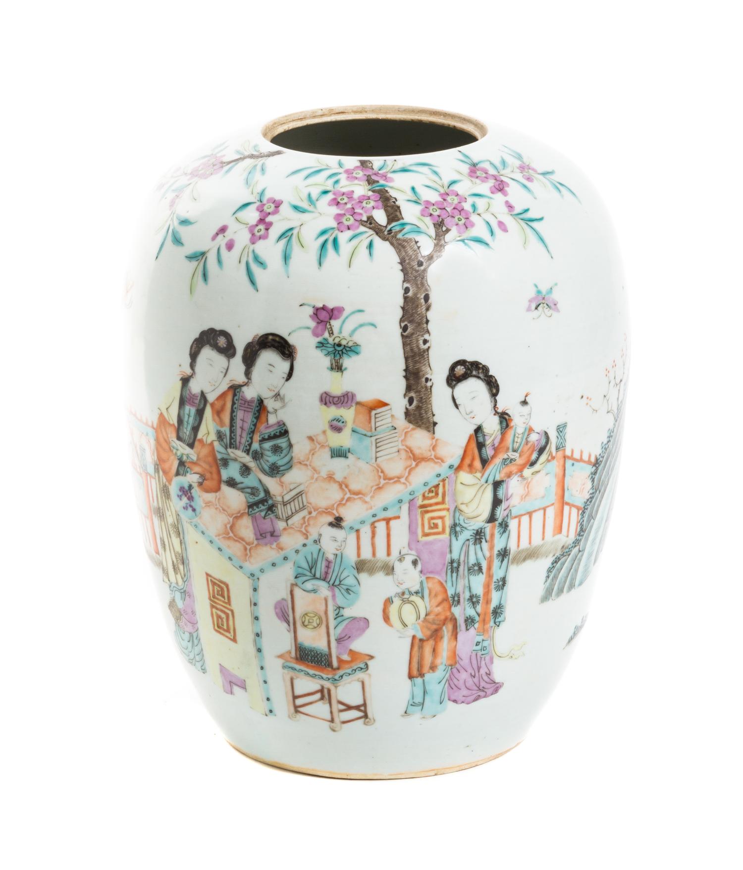 A Chinese Export Polychrome Porcelain Jar, Height 10 3/4 inches.