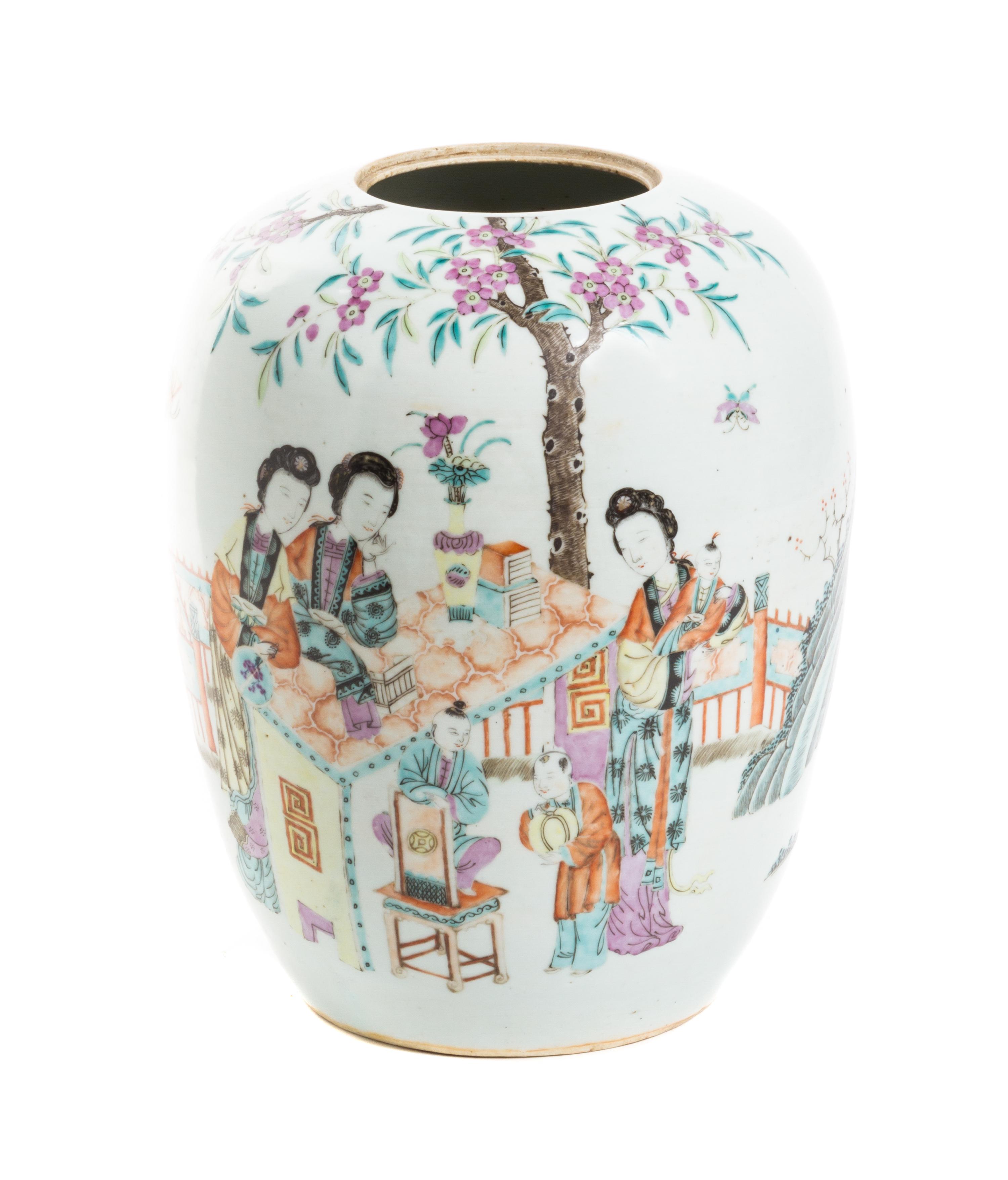 A Chinese Export Polychrome Porcelain Jar, Height 10 3/4 inches.