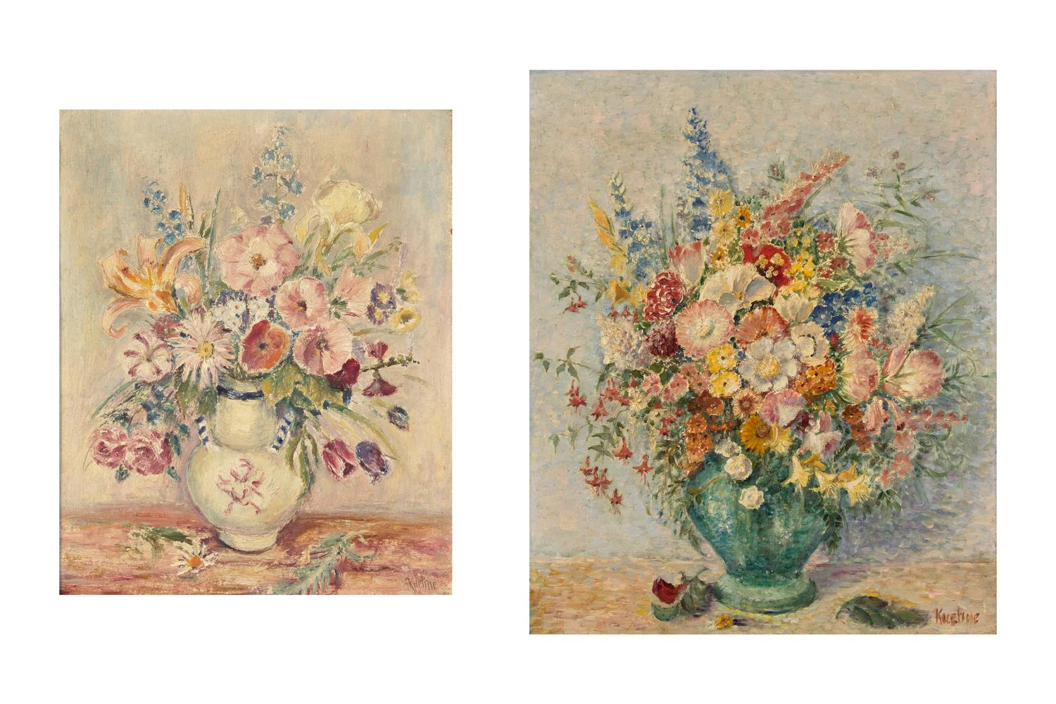 Two Works: Floral Still Life in White Vase; together with Floral Still Life in Green Vase (2)