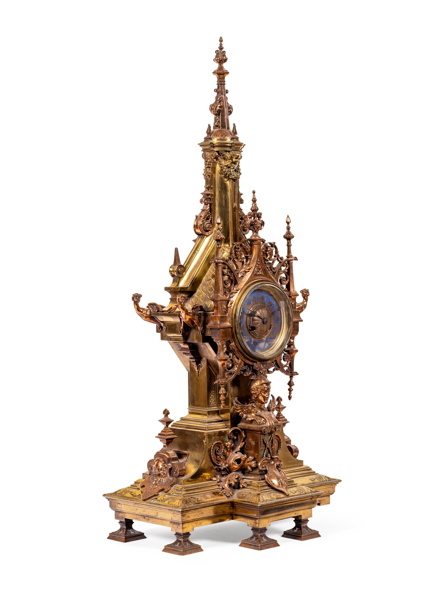 A French Gothic Revival Gilt Bronze and Brass Mantel Clock Retailed by Tiffany and Co.