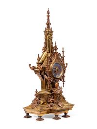 A French Gothic Revival Gilt Bronze and Brass Mantel Clock Retailed by Tiffany and Co.