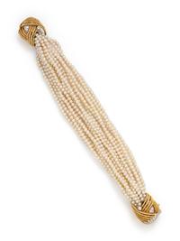 YELLOW GOLD, CULTURED PEARL AND DIAMOND BRACELET