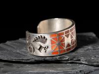 Zuni Silver and Channel Inlay Coral Cuff Bracelet, Ring, and Post Earrings