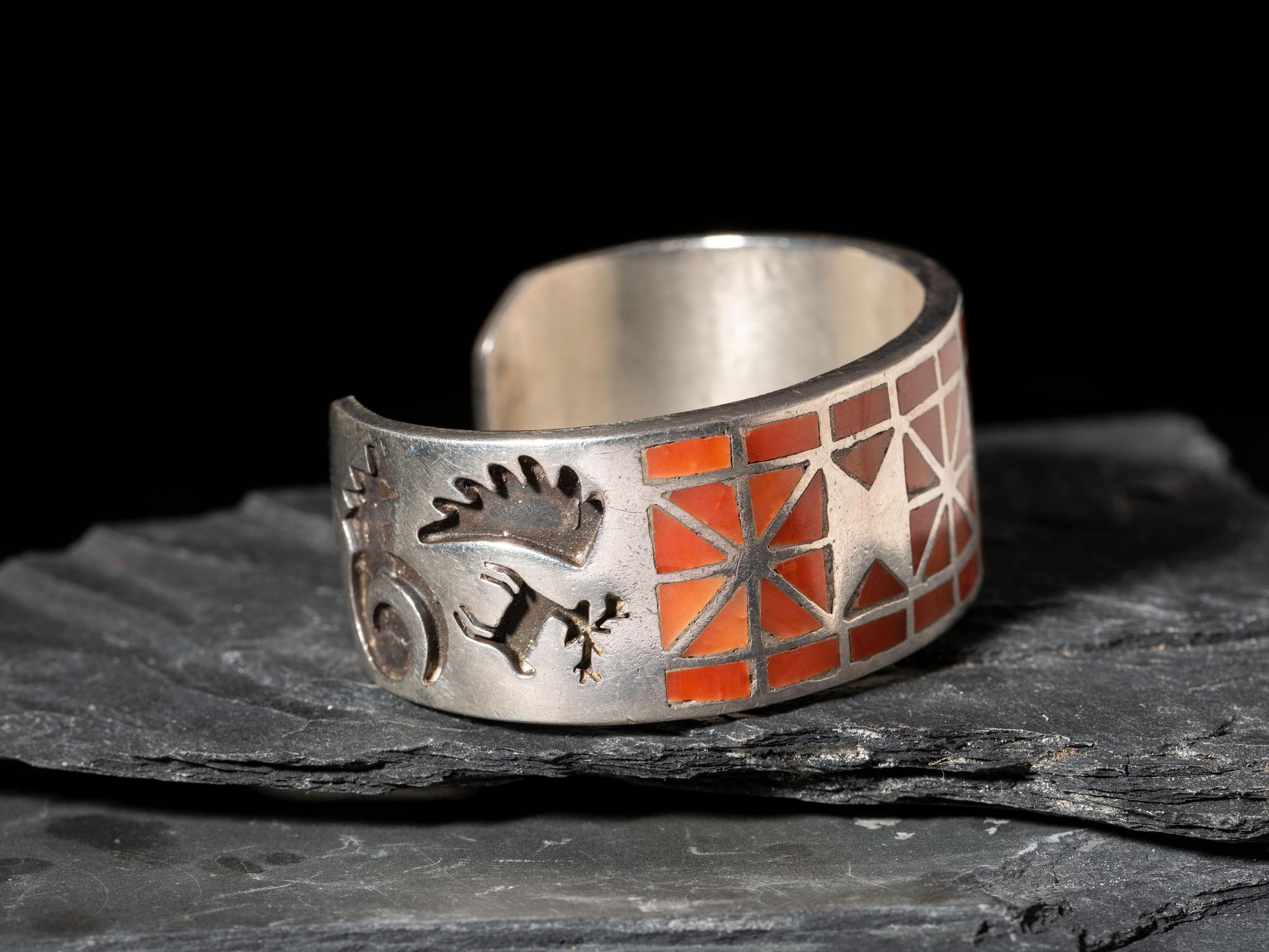 Zuni Silver and Channel Inlay Coral Cuff Bracelet, Ring, and Post Earrings