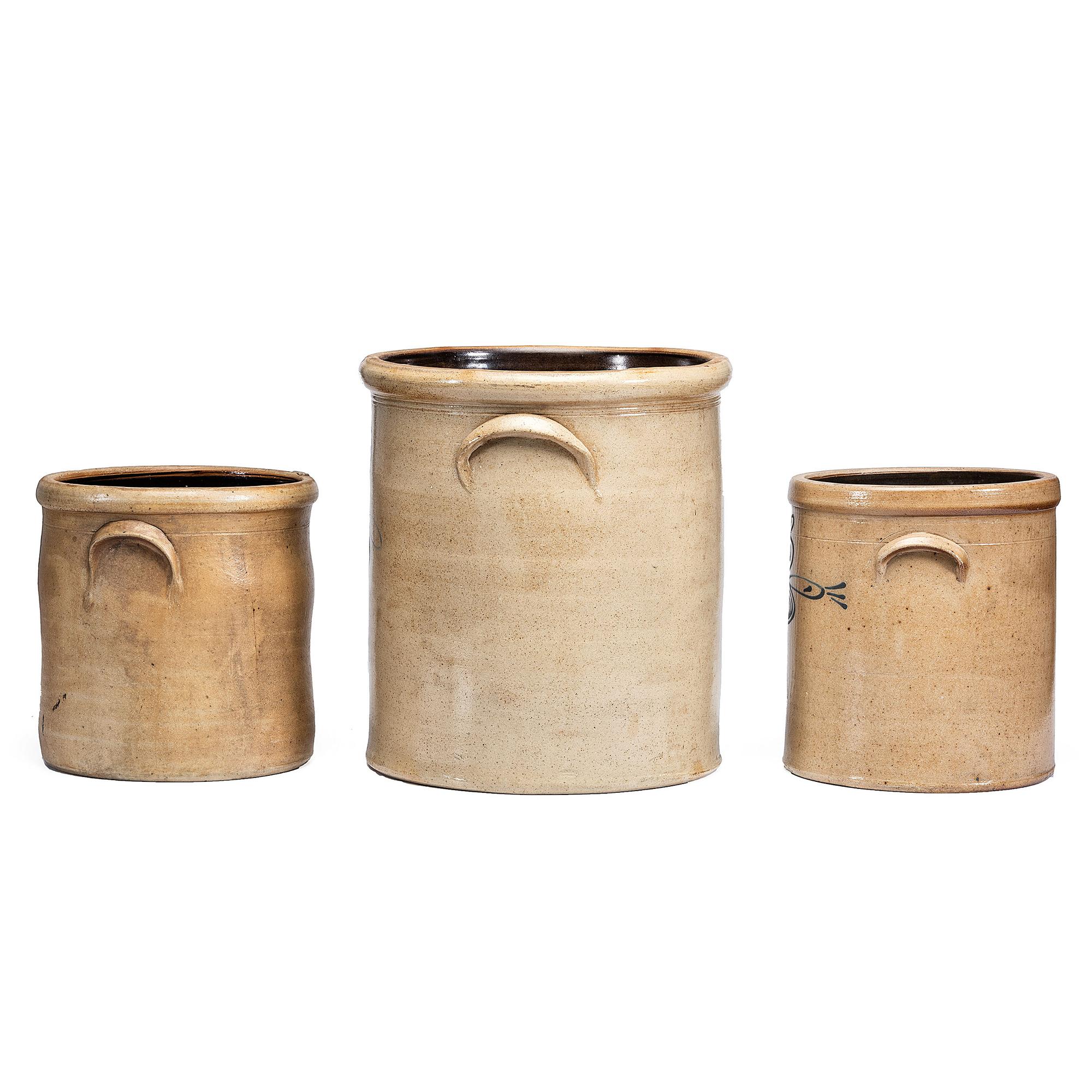Three Stoneware Crocks with Cobalt Capacity Marks