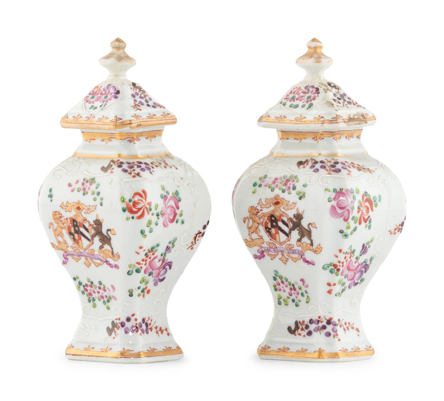 A Pair of Samson Porcelain Tea Caddies with Italian Giltwood Brackets
