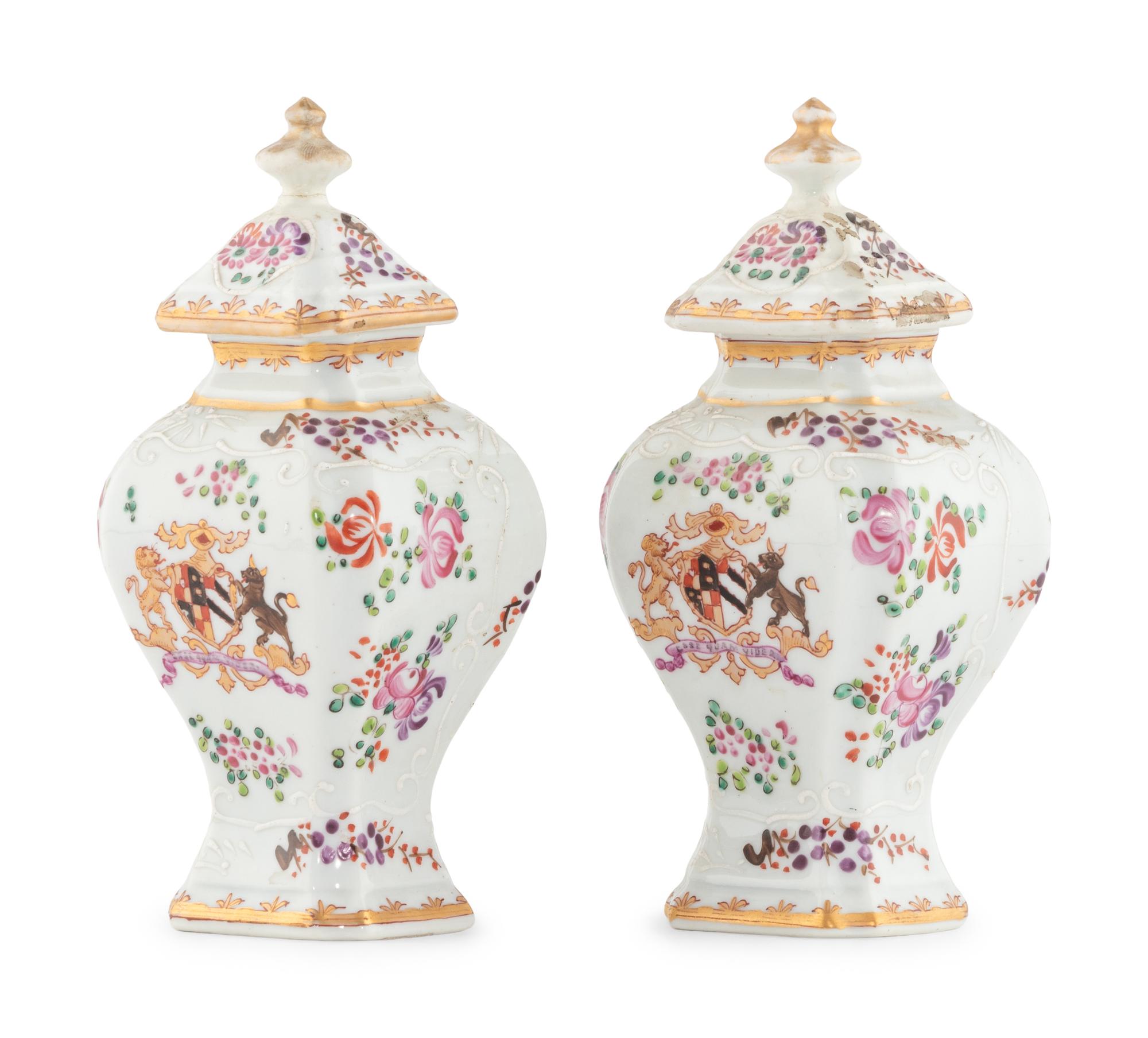 A Pair of Samson Porcelain Tea Caddies with Italian Giltwood Brackets