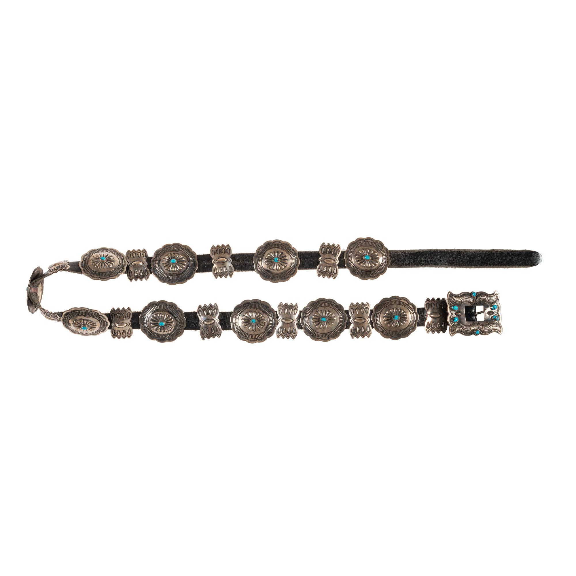 Navajo Stamped Silver and Turquoise Concha Belt