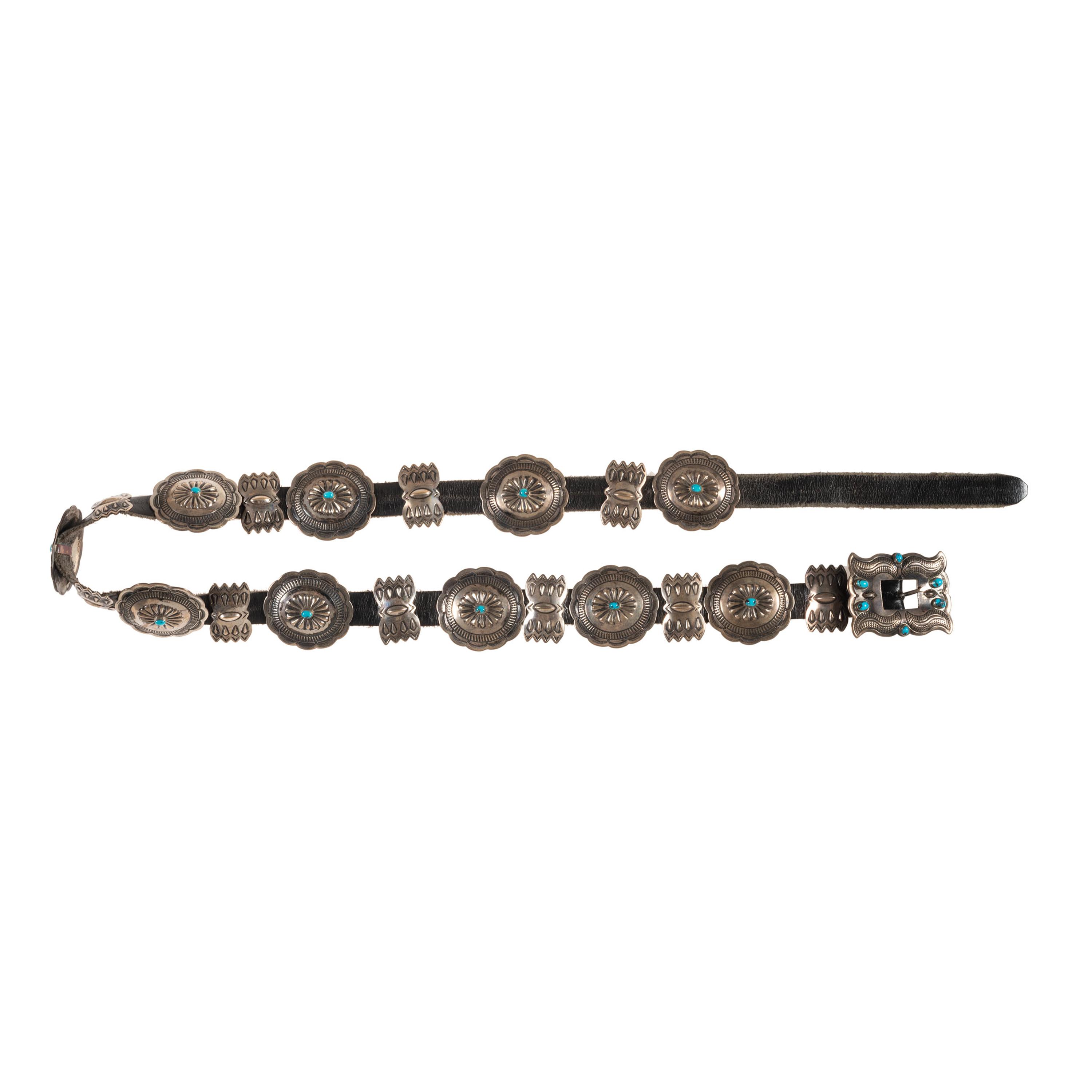 Navajo Stamped Silver and Turquoise Concha Belt