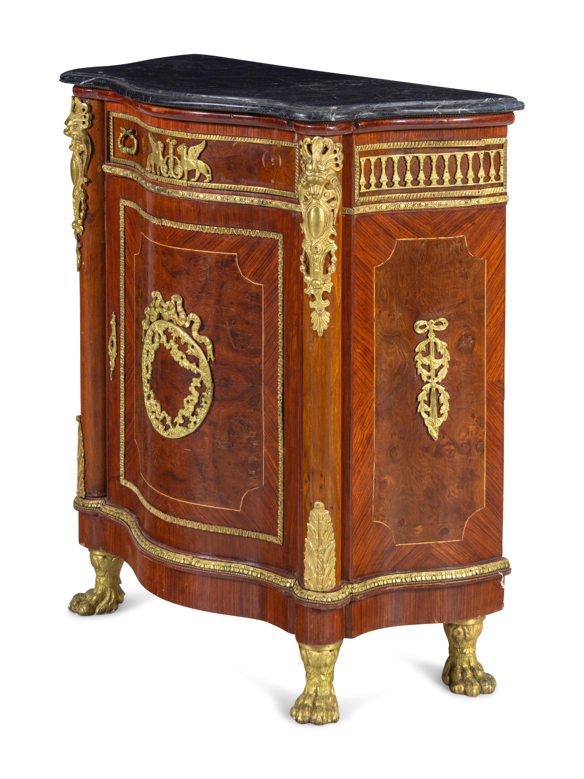 An Empire Style Gilt Bronze Mounted Kingwood Veneered Marble-Top Meuble d'Appui