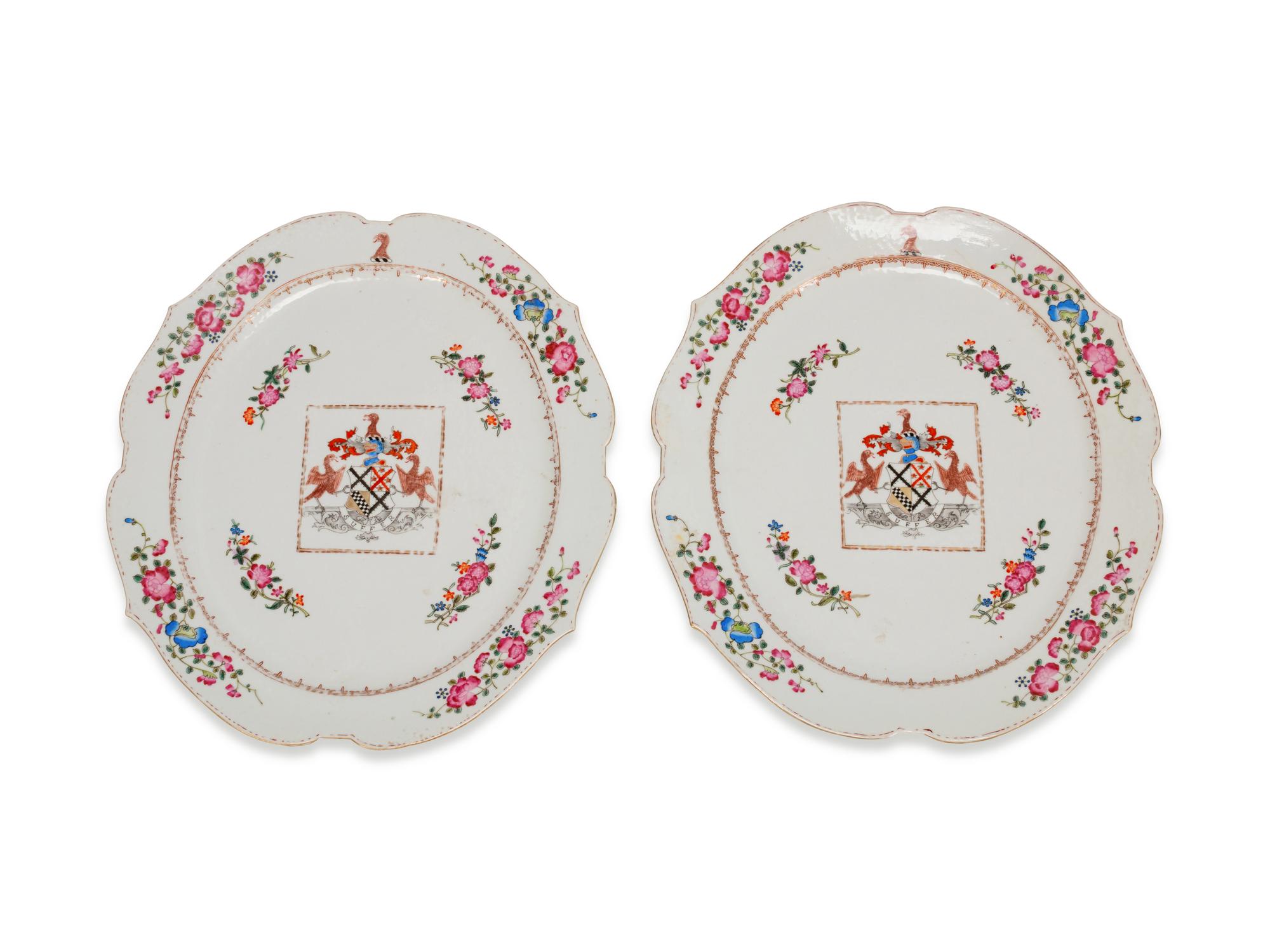 A Pair of Chinese Export Porcelain Armorial Scalloped Oval Platters