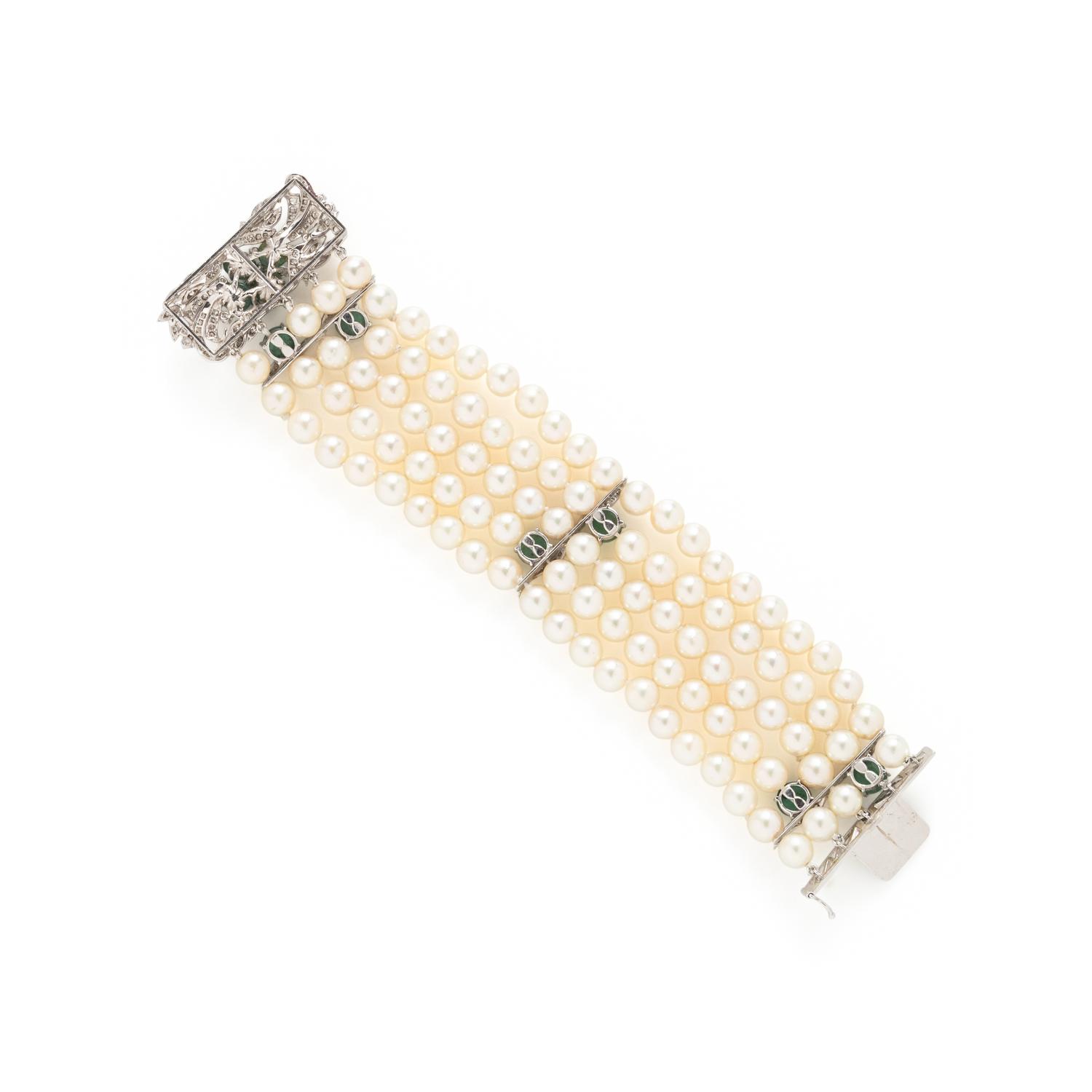 CULTURED PEARL, EMERALD, DIAMOND, AND PLATINUM BRACELET