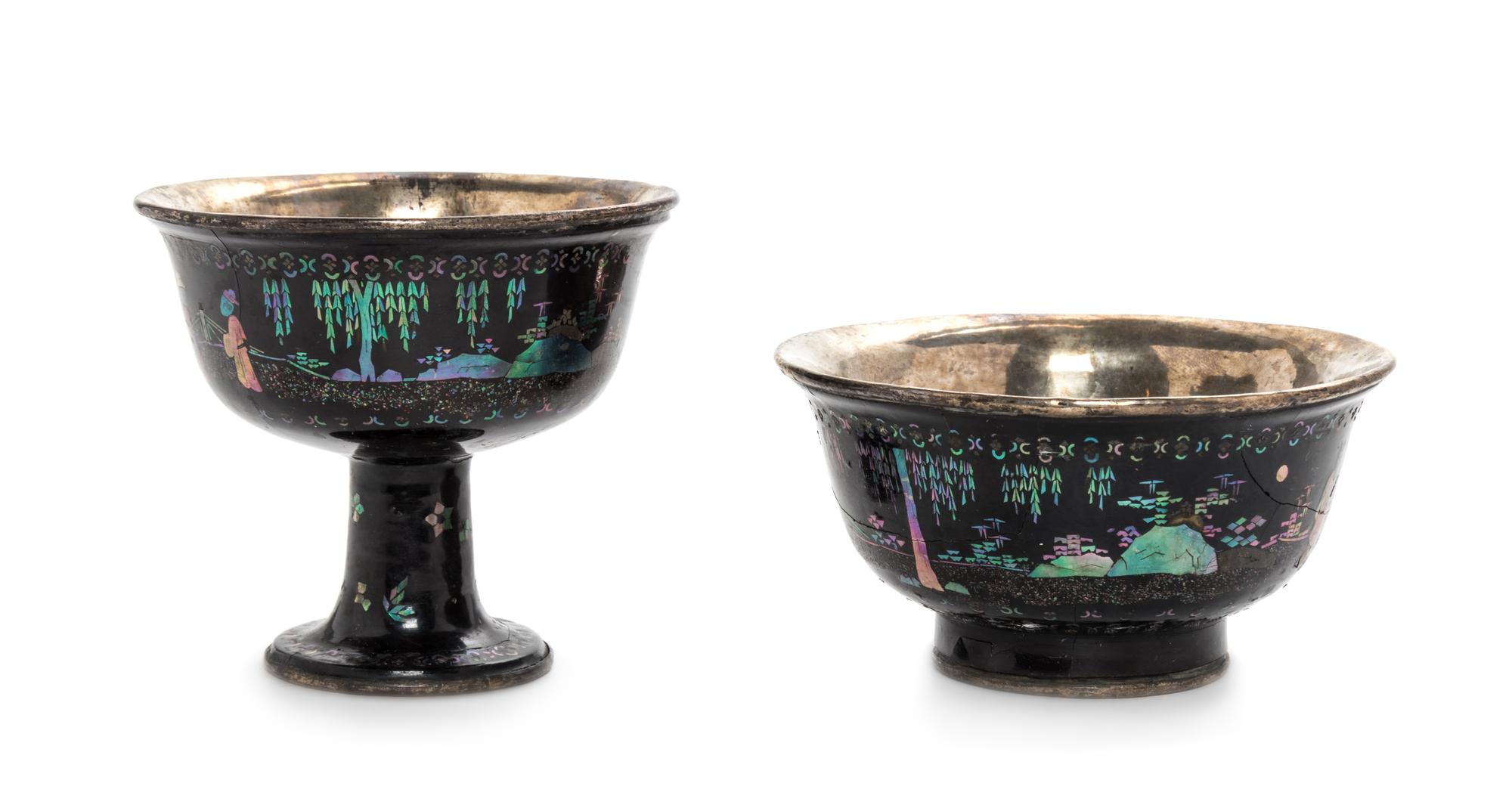 Two Mother-of-Pearl Decorated Black Lacquered Silver Wares — QING DYNASTY (1644-1912)