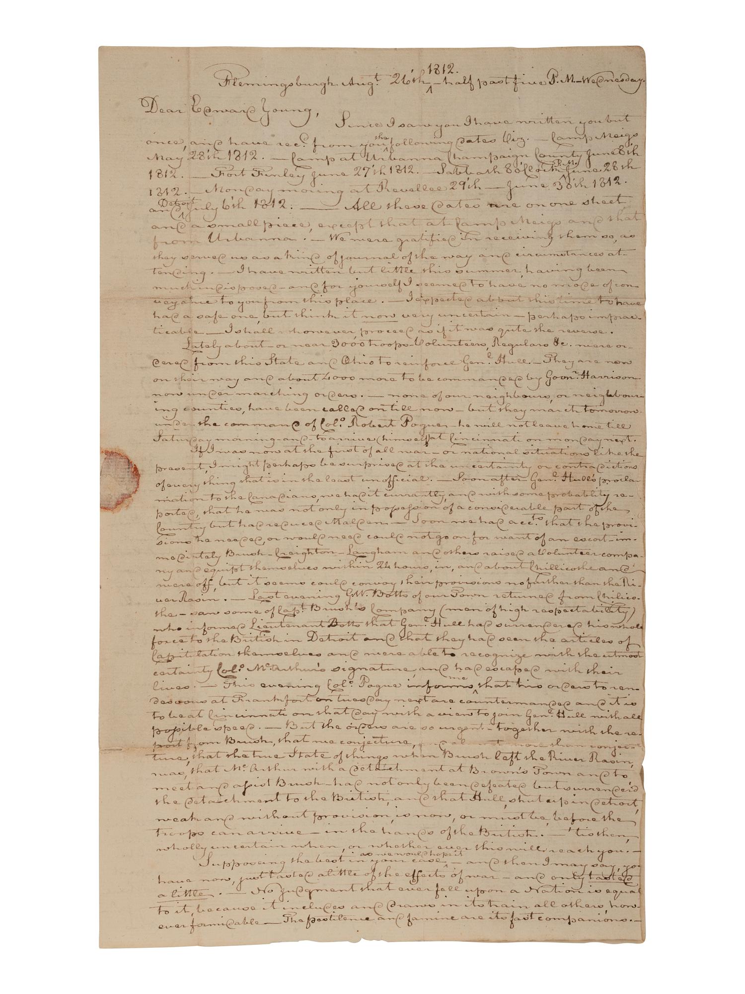 [WAR OF 1812]. Letter discussing military matters & Gen. Hull's surrender at Detroit. August 1812.
