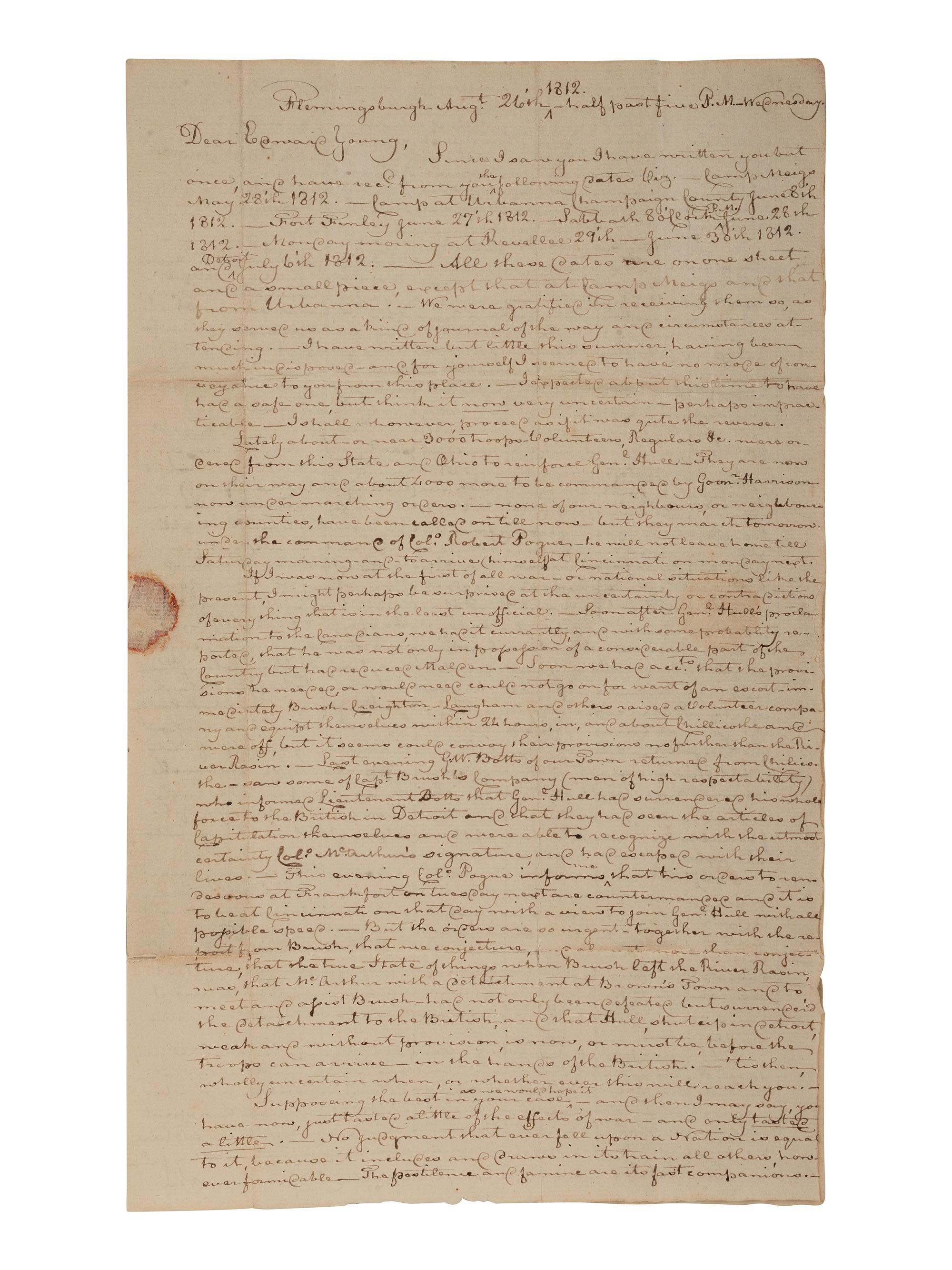 [WAR OF 1812]. Letter discussing military matters & Gen. Hull's surrender at Detroit. August 1812.