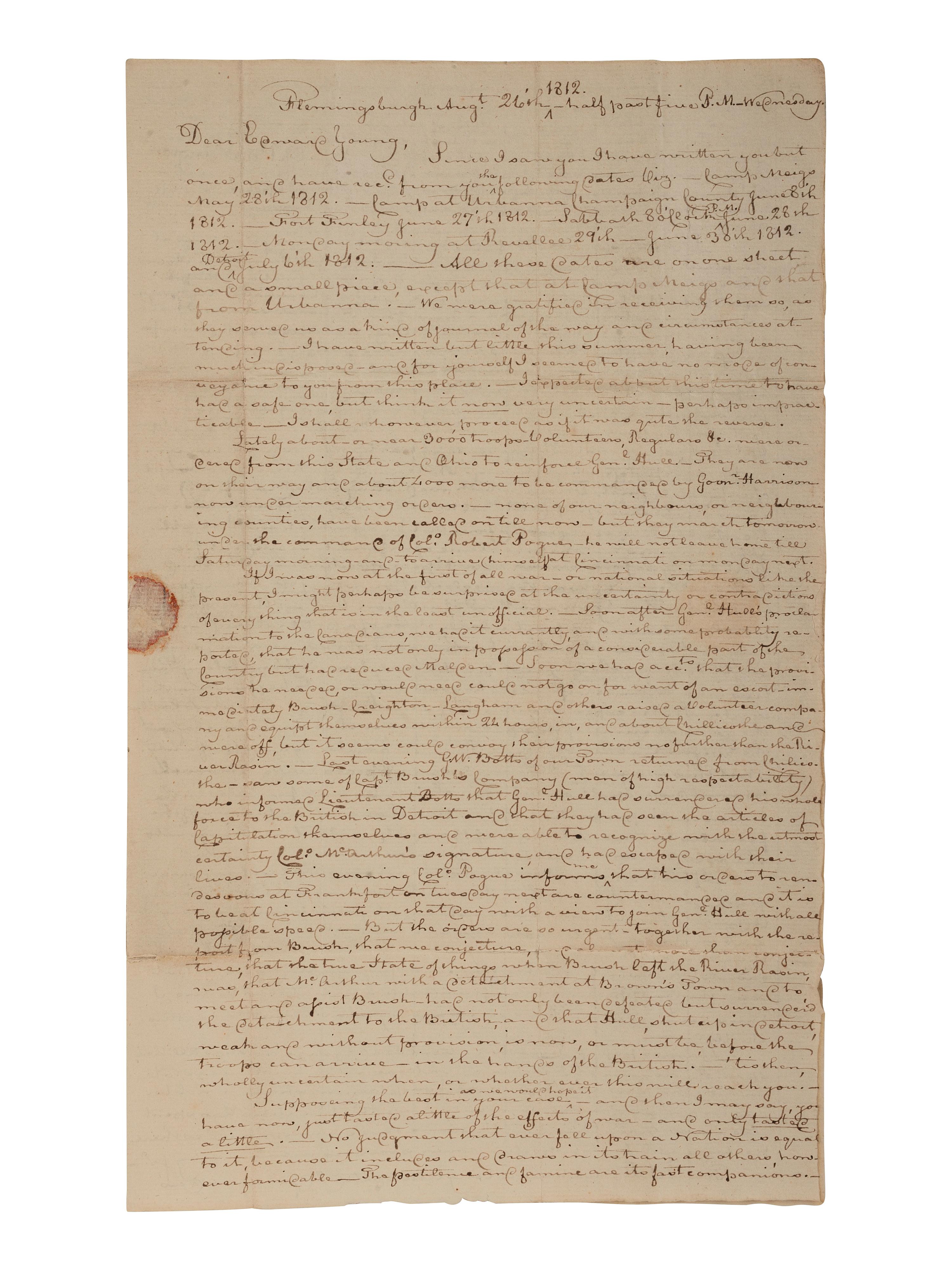 [WAR OF 1812]. Letter discussing military matters & Gen. Hull's surrender at Detroit. August 1812.