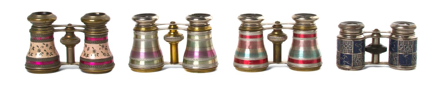 Four Pairs of French Opera Glasses, Width of widest 4 1/8 inches.