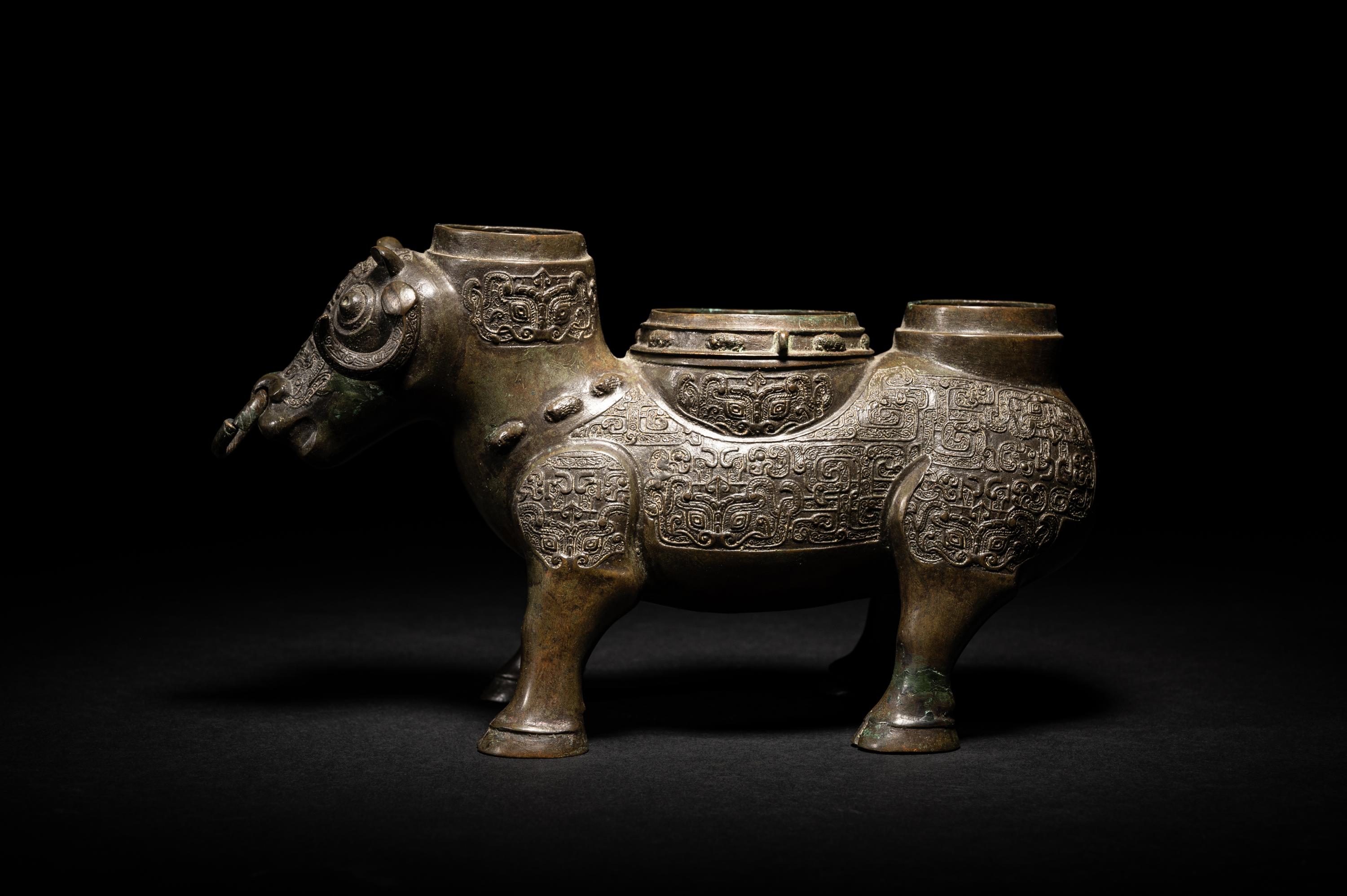 A Chinese Archaistic Style Bronze Bull-Form Wine Warmer