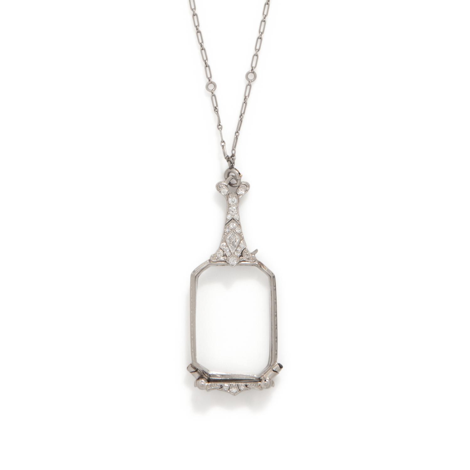 EDWARDIAN, DIAMOND AND PLATINUM LORGNETTE WITH DIAMOND COLLET CHAIN