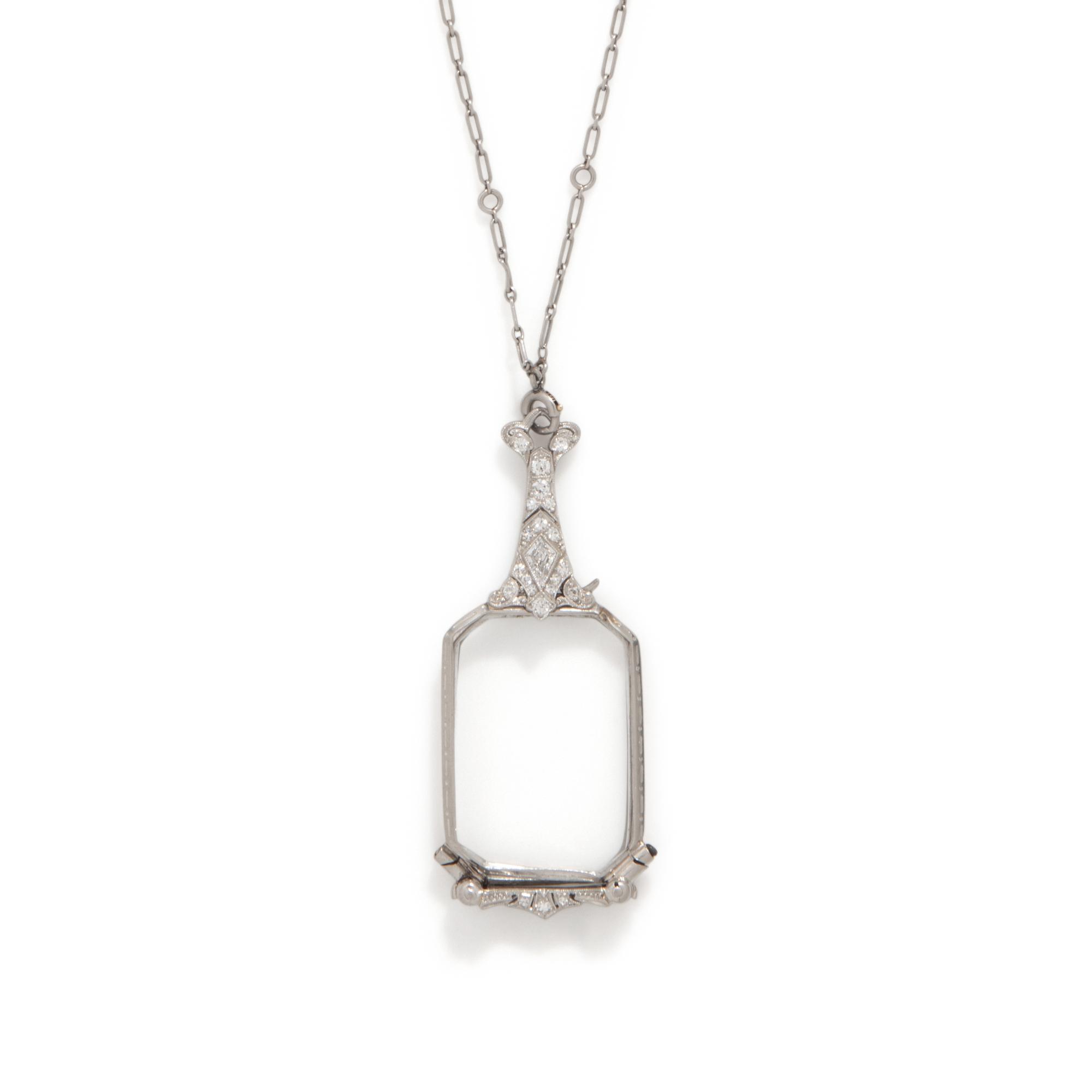EDWARDIAN, DIAMOND AND PLATINUM LORGNETTE WITH DIAMOND COLLET CHAIN