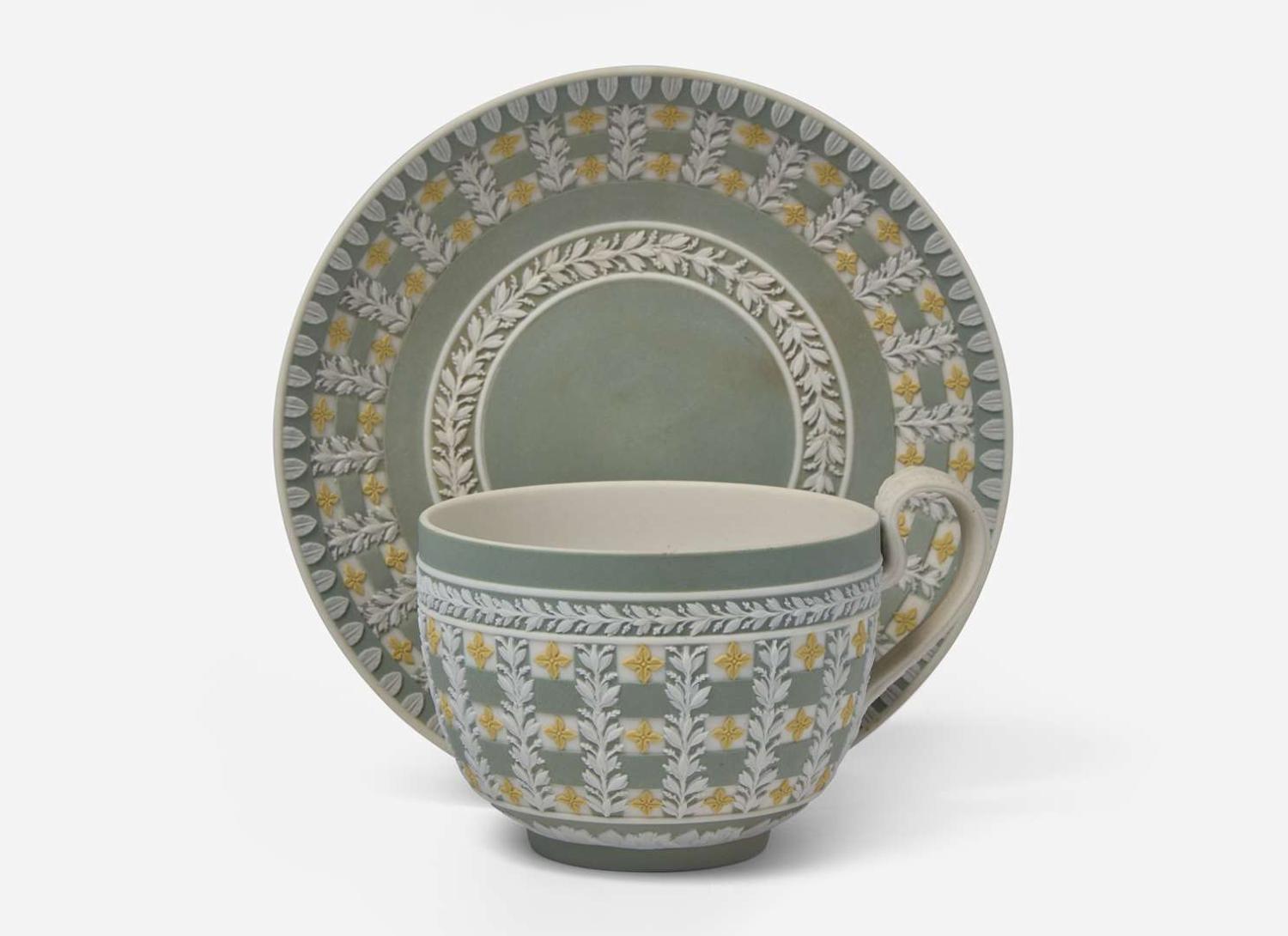 A Wedgwood Jasperware Tricolor Diced Ware Cup and Saucer, UK, circa 1820