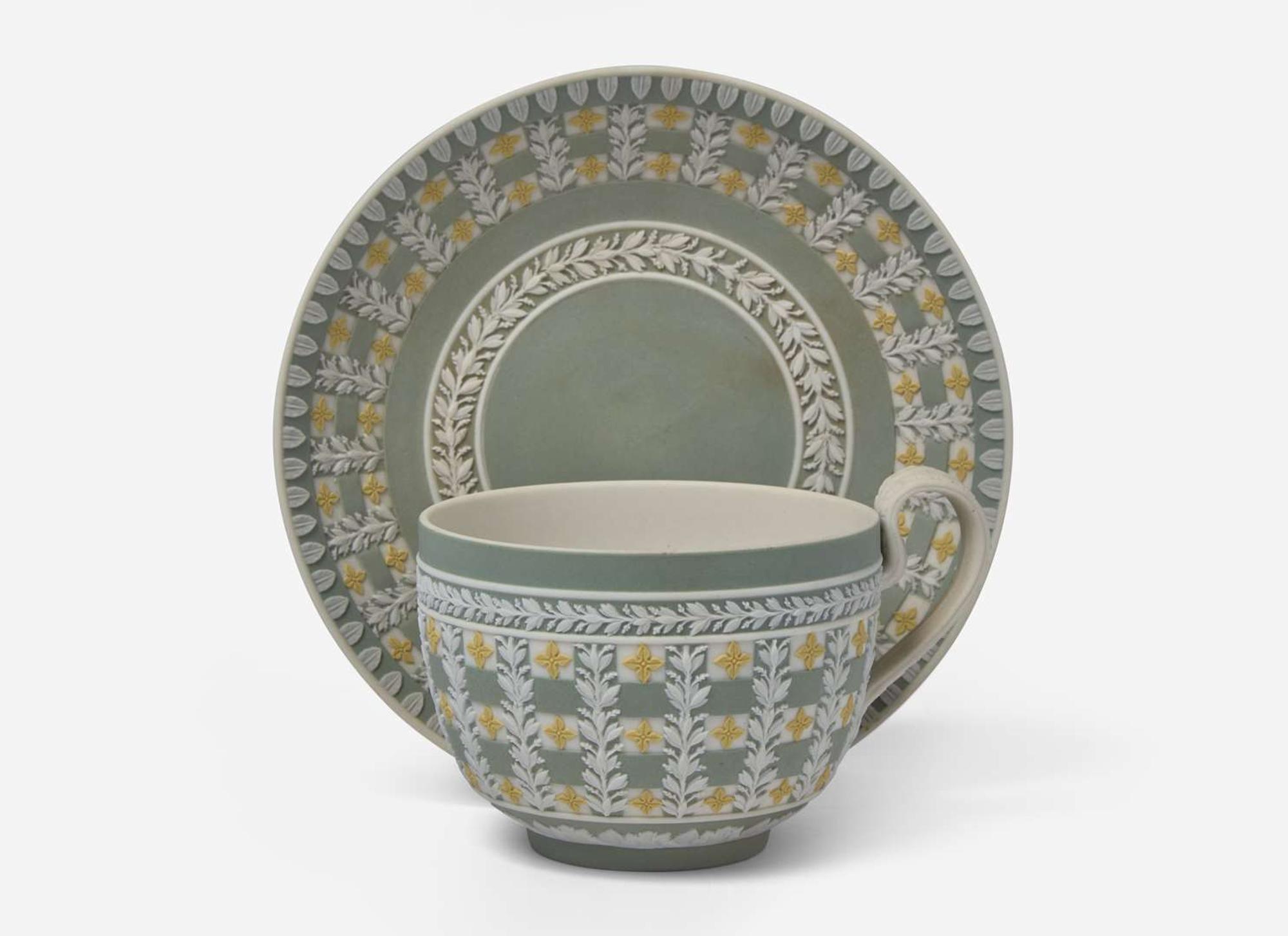 A Wedgwood Jasperware Tricolor Diced Ware Cup and Saucer, UK, circa 1820