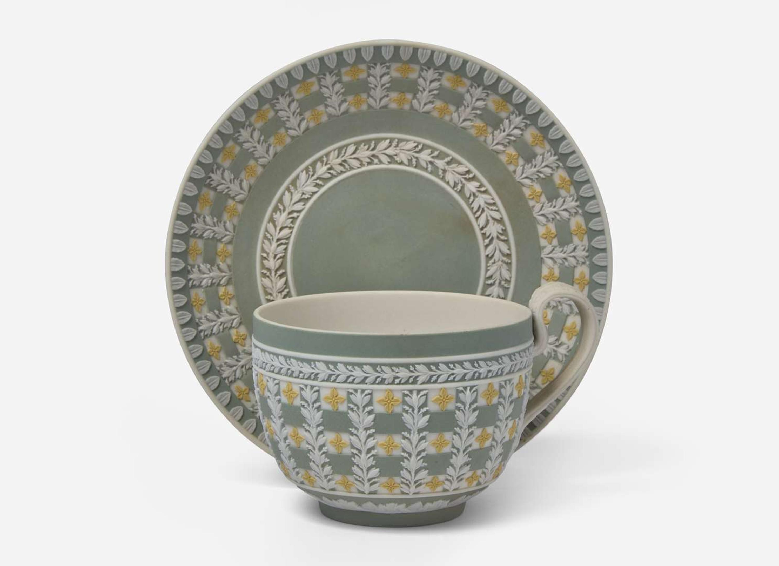 A Wedgwood Jasperware Tricolor Diced Ware Cup and Saucer, UK, circa 1820