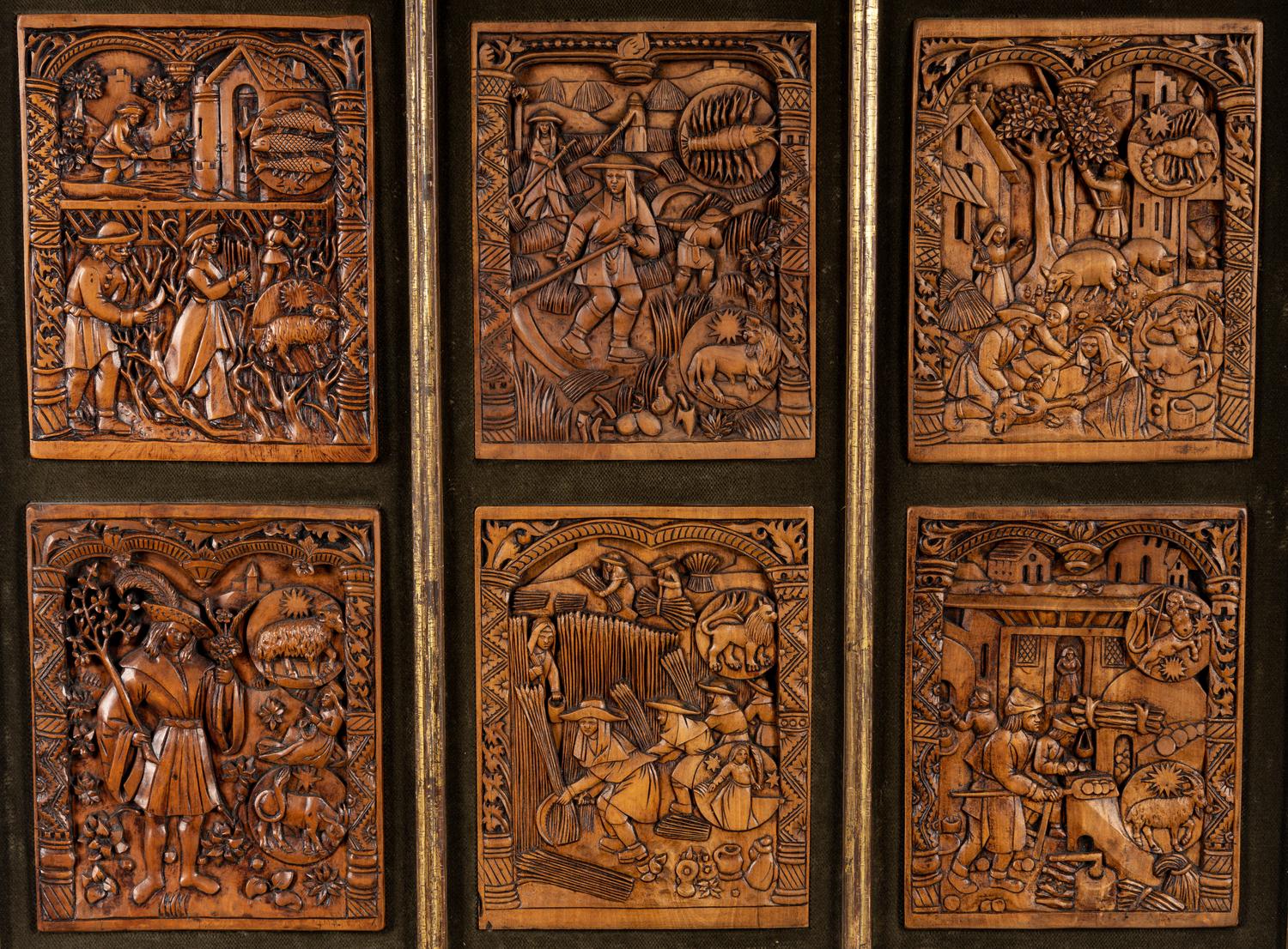 Twelve Continental Carved Relief Panels Depicting Signs of the Zodiac