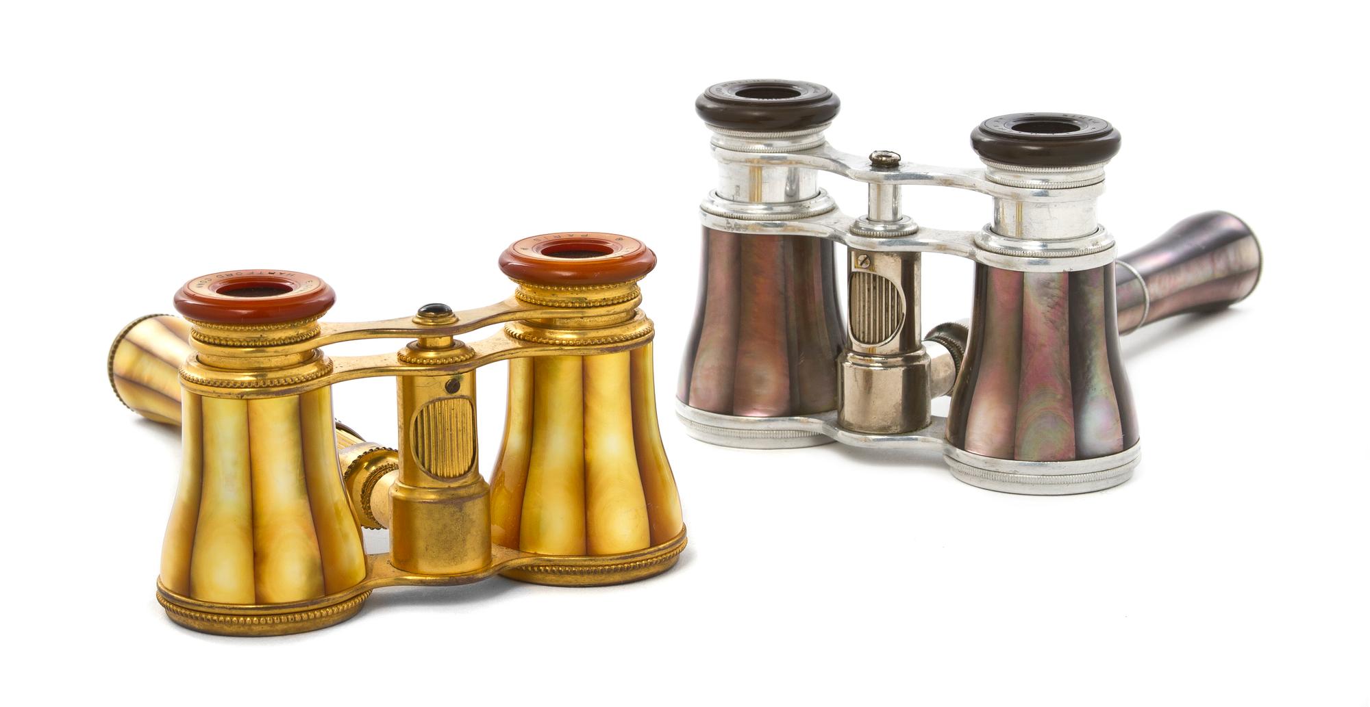 Two Pairs of French Mother-of-Pearl Veneered Opera Glasses, Lemaire, Width 3 7/8 inches.