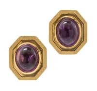 A Pair of 14 Karat Yellow Gold and Amethyst Earclips, 8.10 dwts.