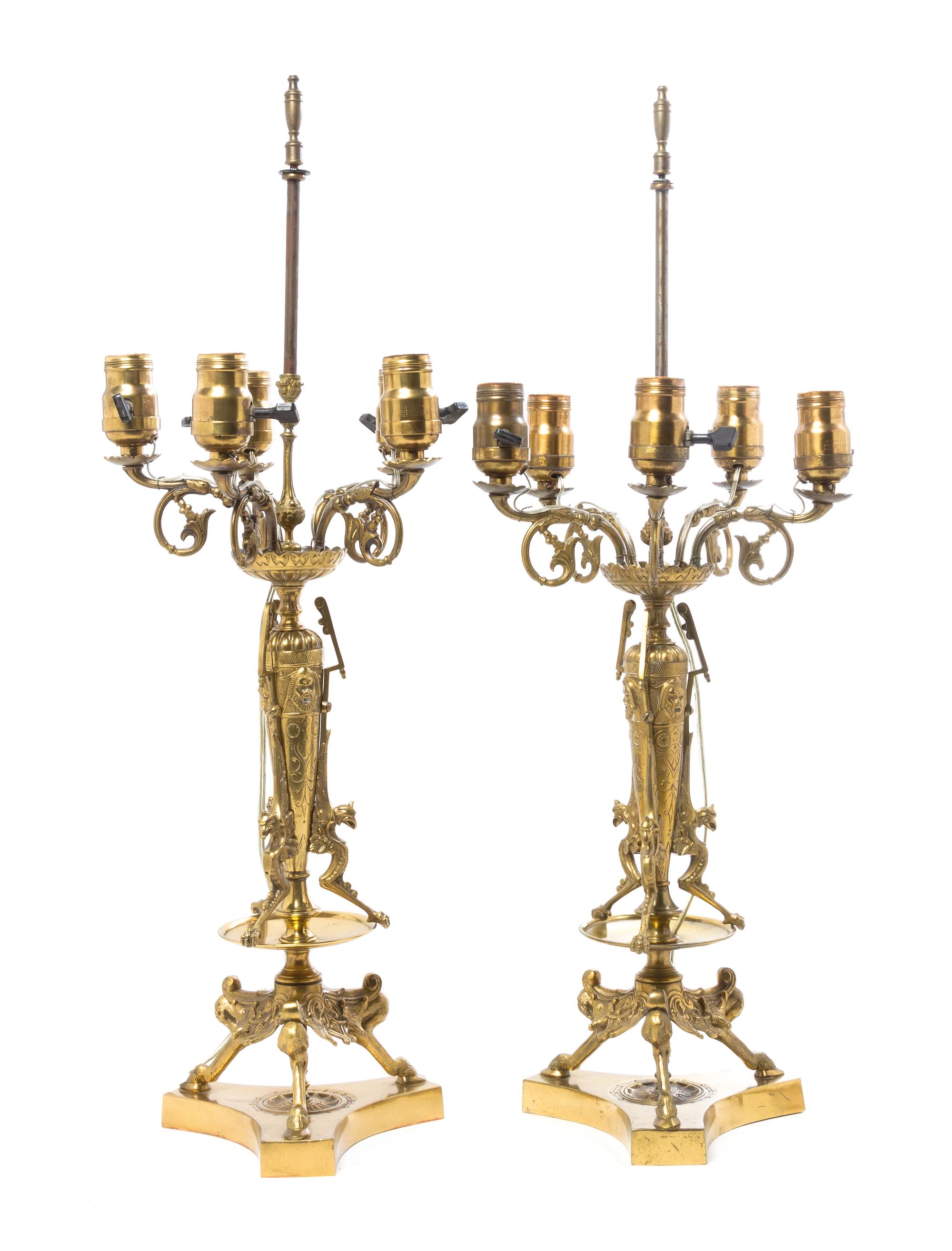 A Pair of Neoclassical Style Gilt Bronze and Brass Candelabra Height 27 1/4 inches.