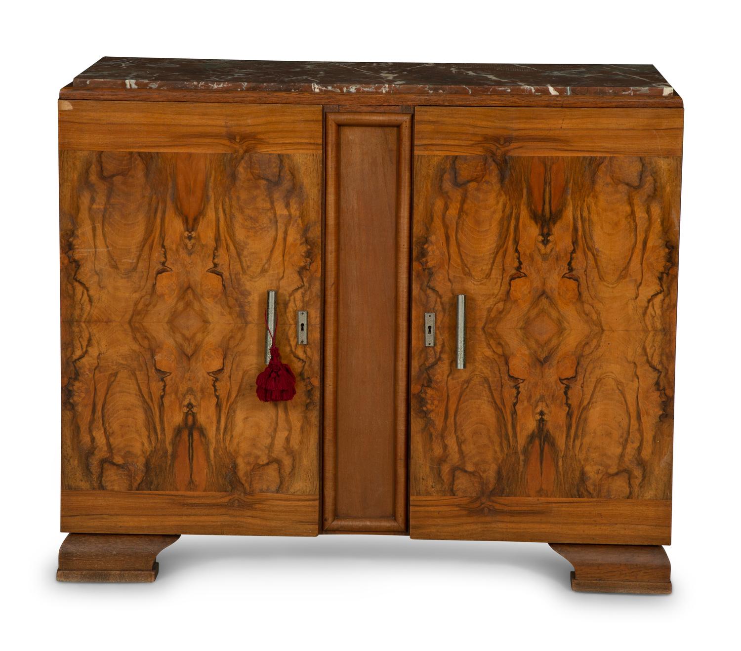An Art Deco Style Burl Walnut Marble-Top Serving Cabinet