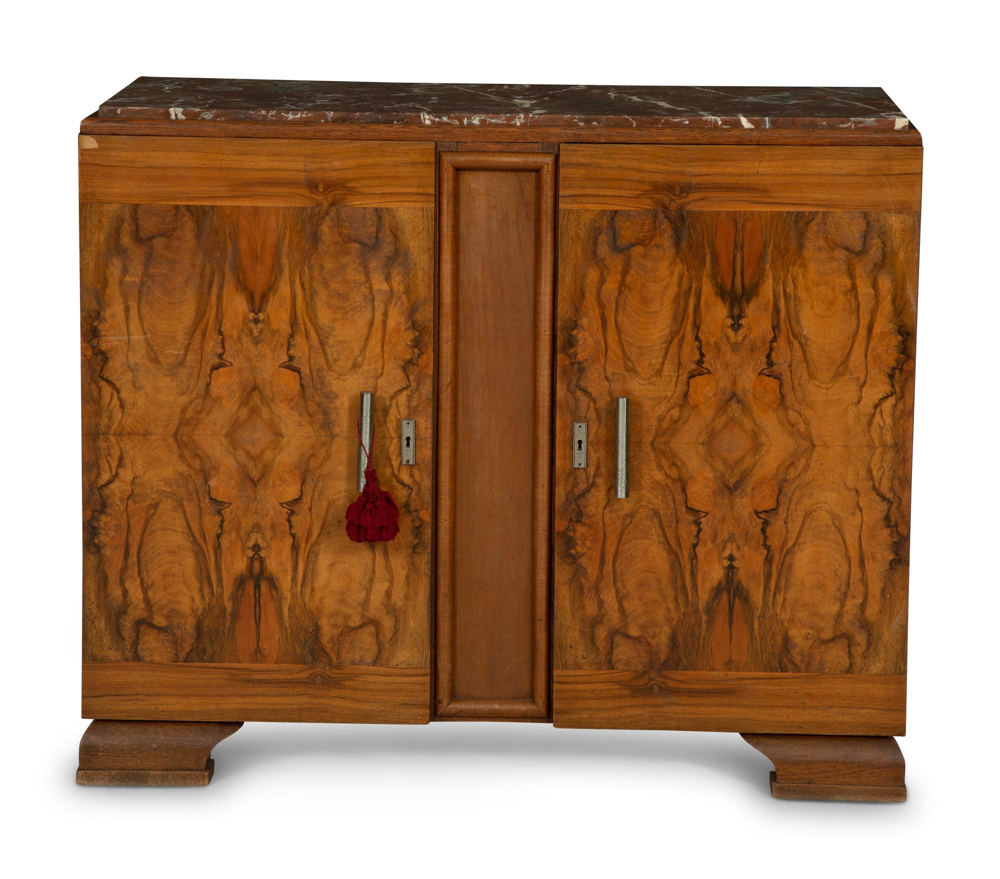 An Art Deco Style Burl Walnut Marble-Top Serving Cabinet
