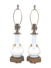 Two Pairs of French Enameled Glass Fluid Lamps Converted to Electricity