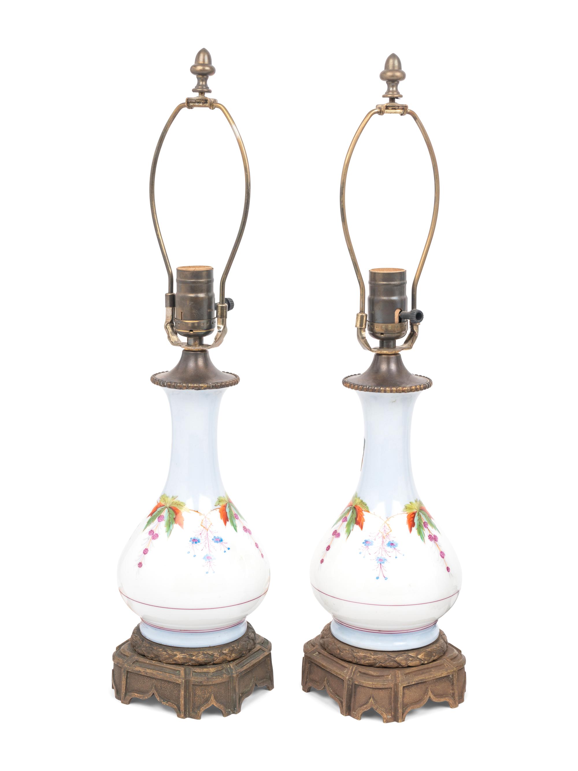 Two Pairs of French Enameled Glass Fluid Lamps Converted to Electricity