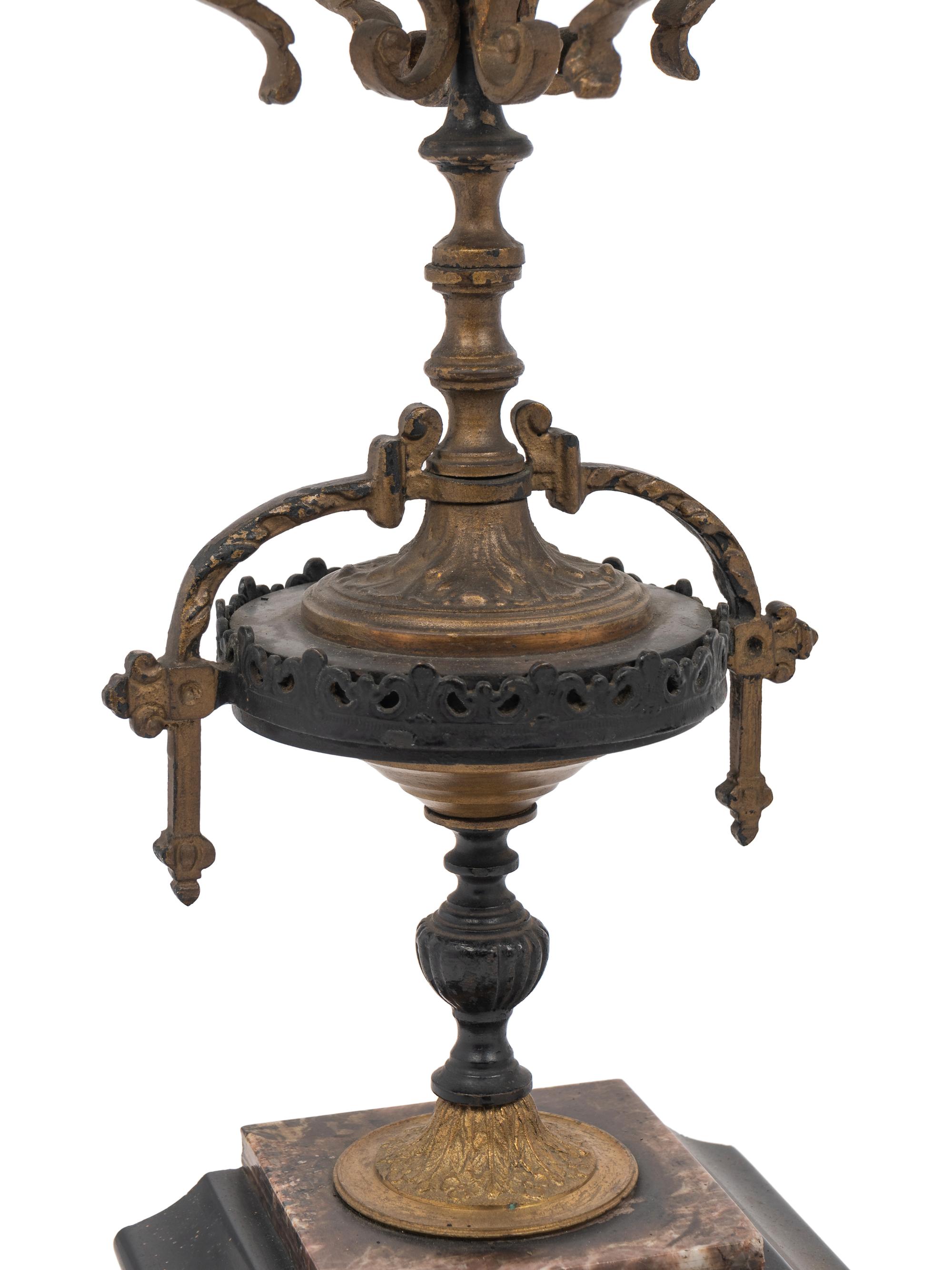 A Pair of French Cast Metal and Slate Five-Light Candelabra