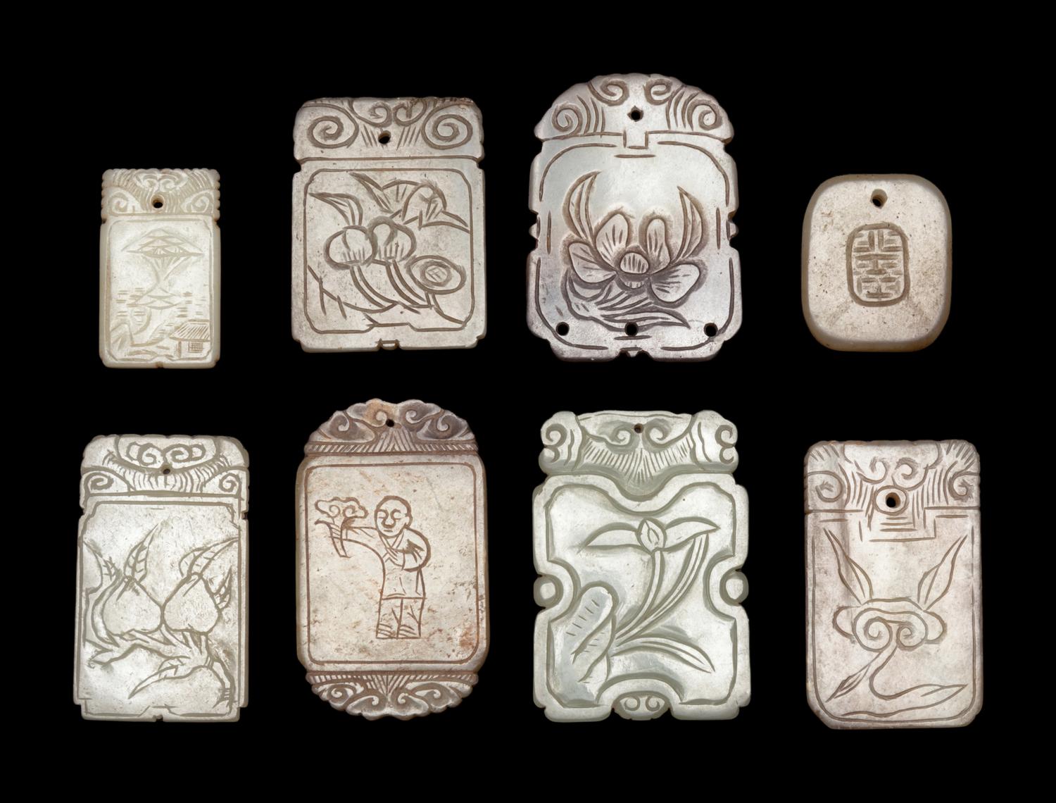 Eight Chinese Carved Celadon Jade Plaques