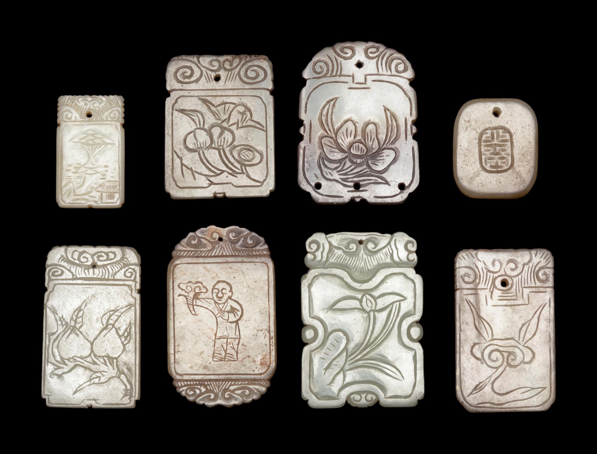 Eight Chinese Carved Celadon Jade Plaques