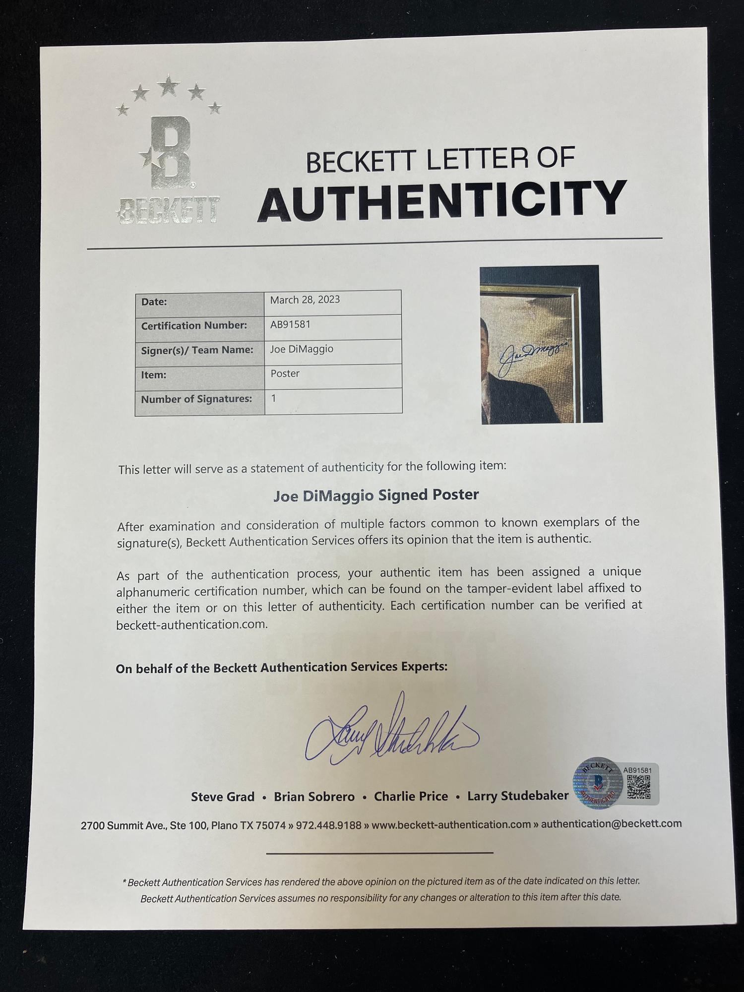 A Joe DiMaggio Signed Autograph Display (Beckett Authentication Services),