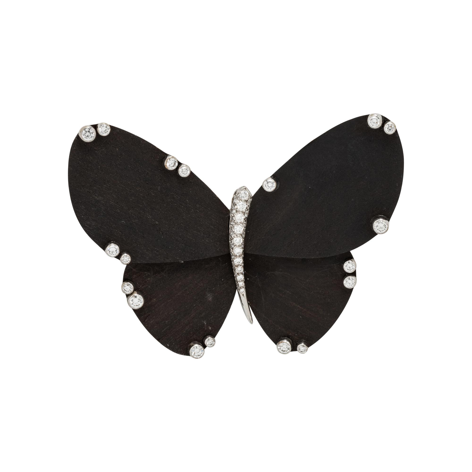 VAN CLEEF & ARPELS, WOOD AND DIAMOND BUTTERFLY BROOCH