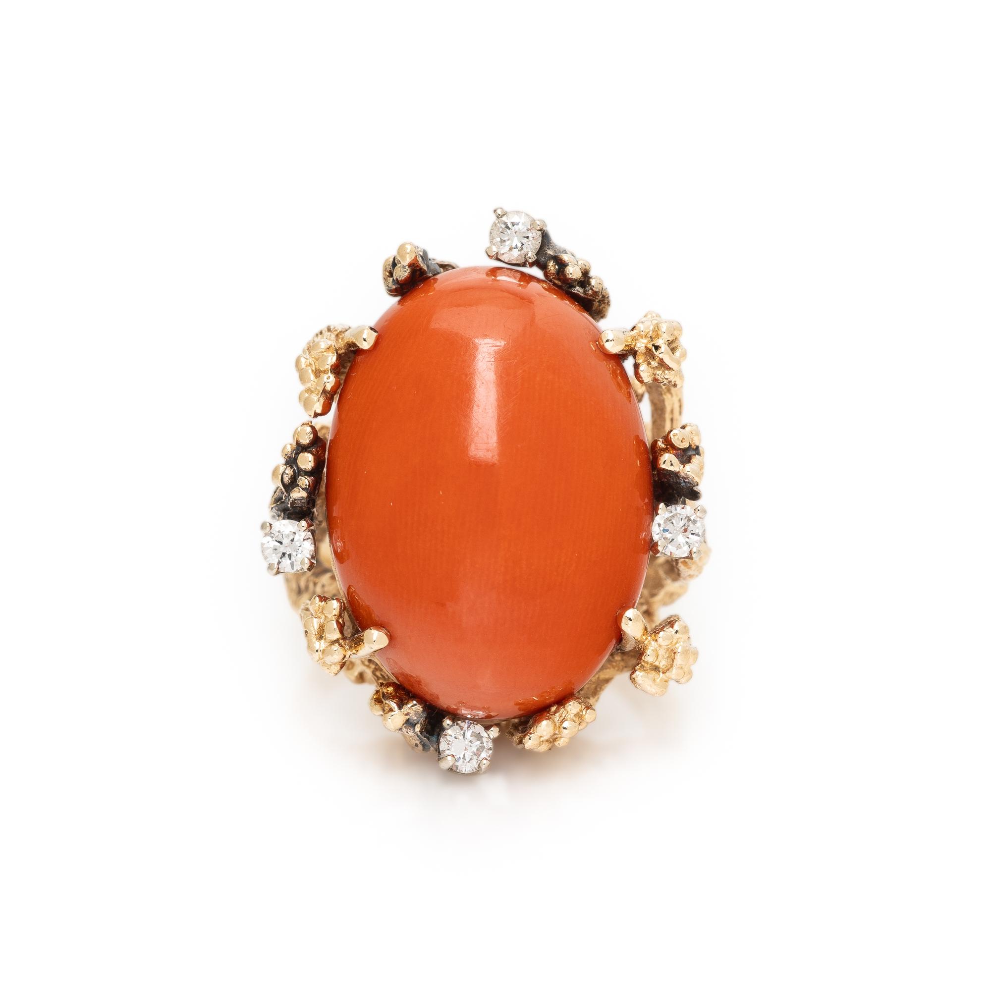 Coral, Diamond, and Yellow Gold Ring