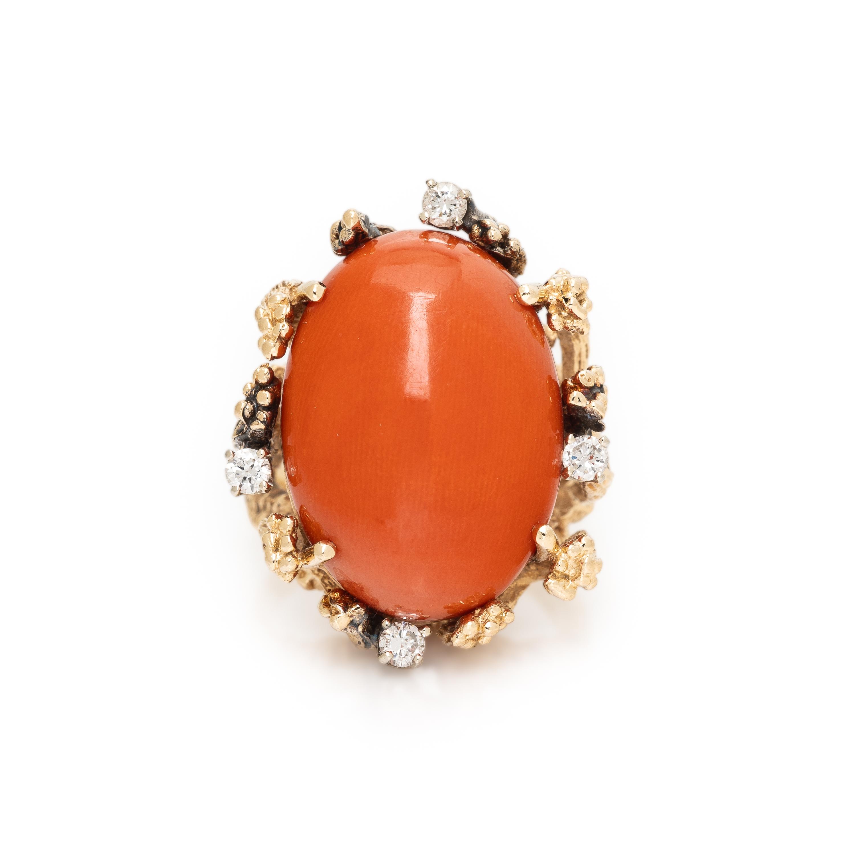 Coral, Diamond, and Yellow Gold Ring