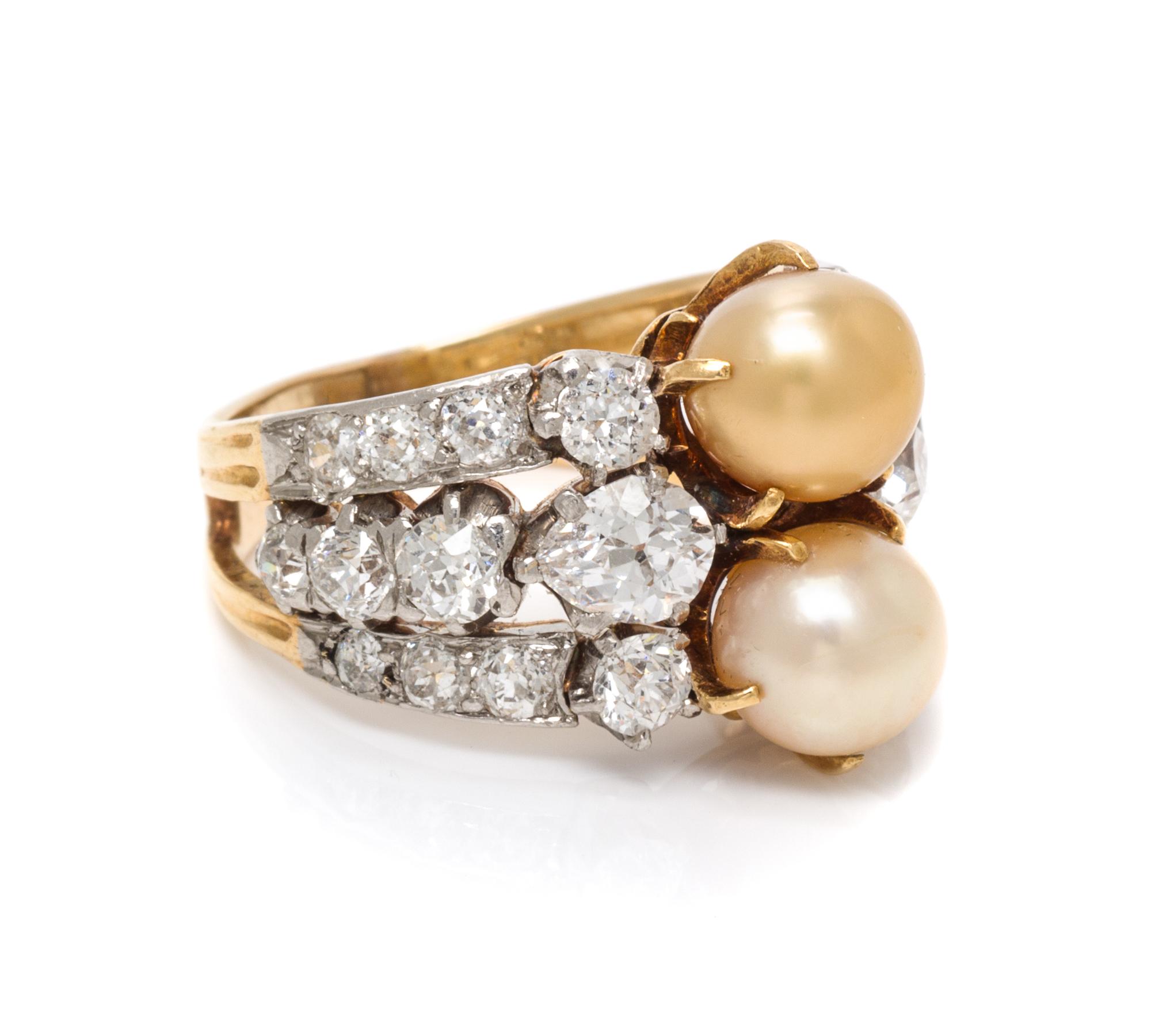 An Edwardian Platinum Topped Gold, Natural Pearl and Diamond Ring, Tiffany & Co., 5.40 dwts.
