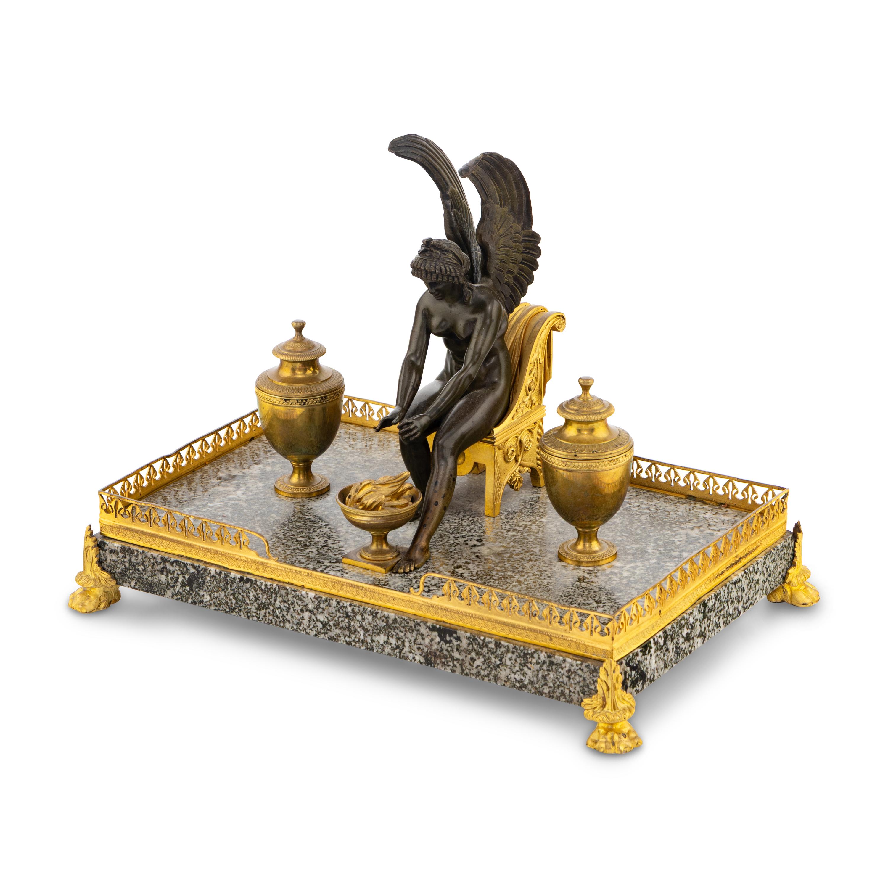 An Empire Gilt and Patinated Bronze and Granite Encrier