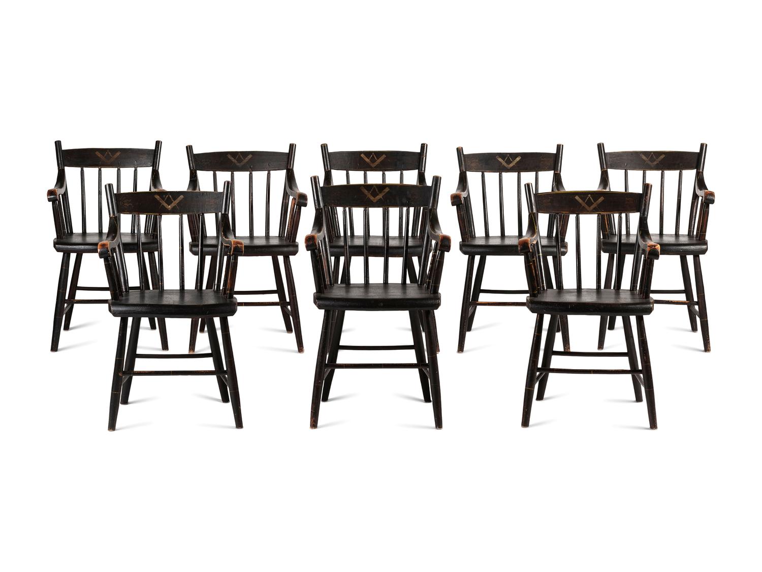 A Set of Eight Painted and Stencil Decorated Windsor Chairs