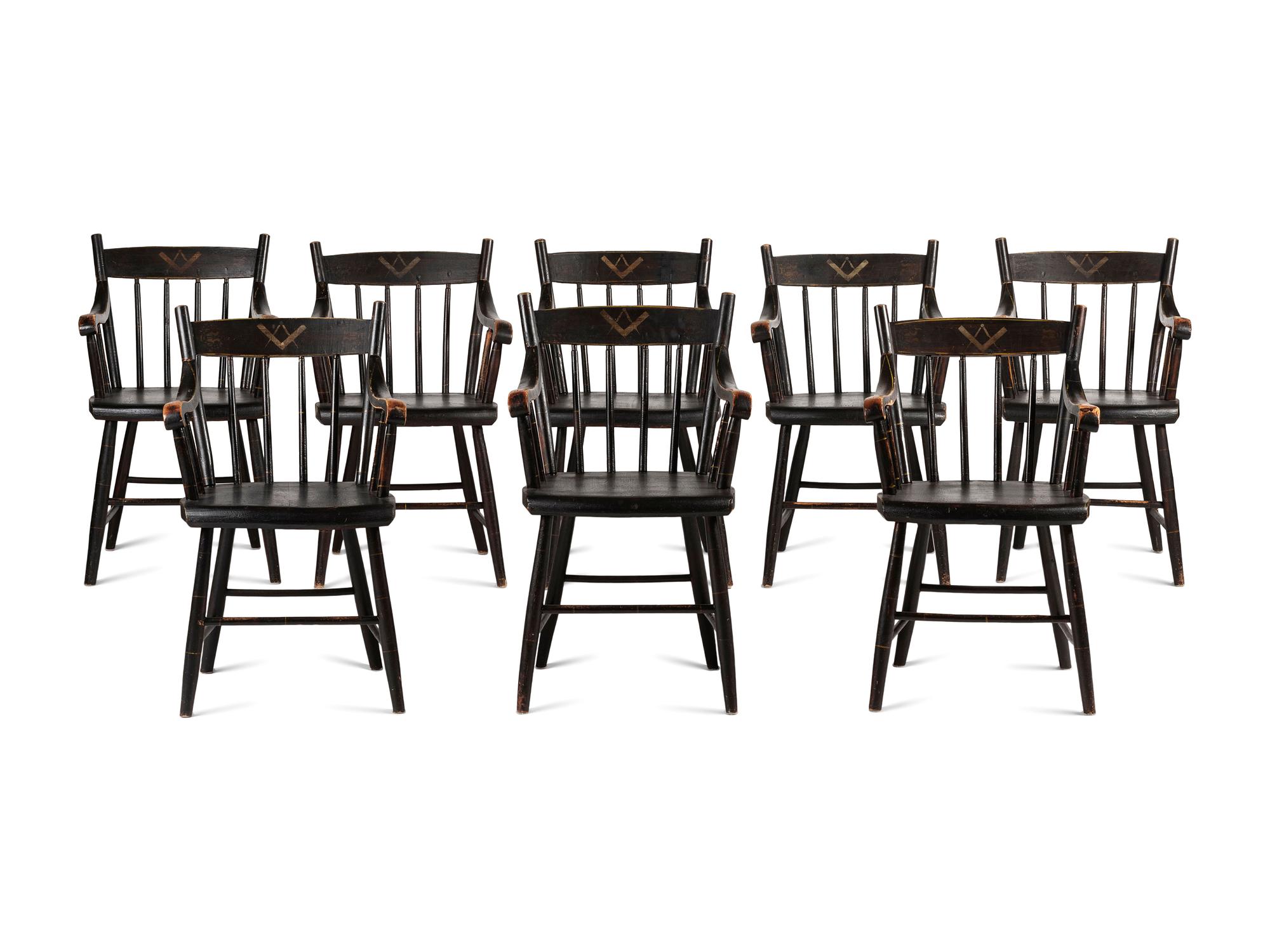 A Set of Eight Painted and Stencil Decorated Windsor Chairs