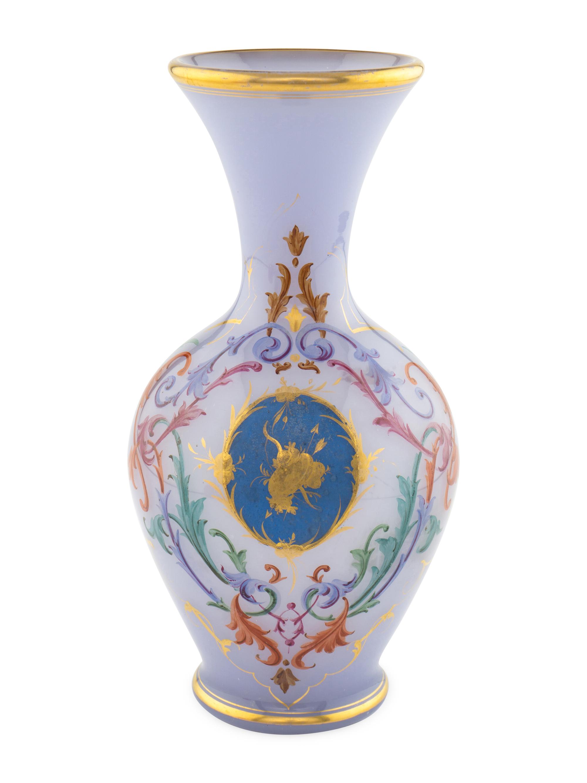 A French Painted and Parcel Gilt Lavender Opaline Glass Vase