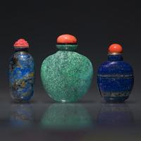 Three Chinese Hardstone Snuff Bottles, Qing Dynasty, 18th to 19th Century — 清中期 青金石及綠松石鼻煙壺三支