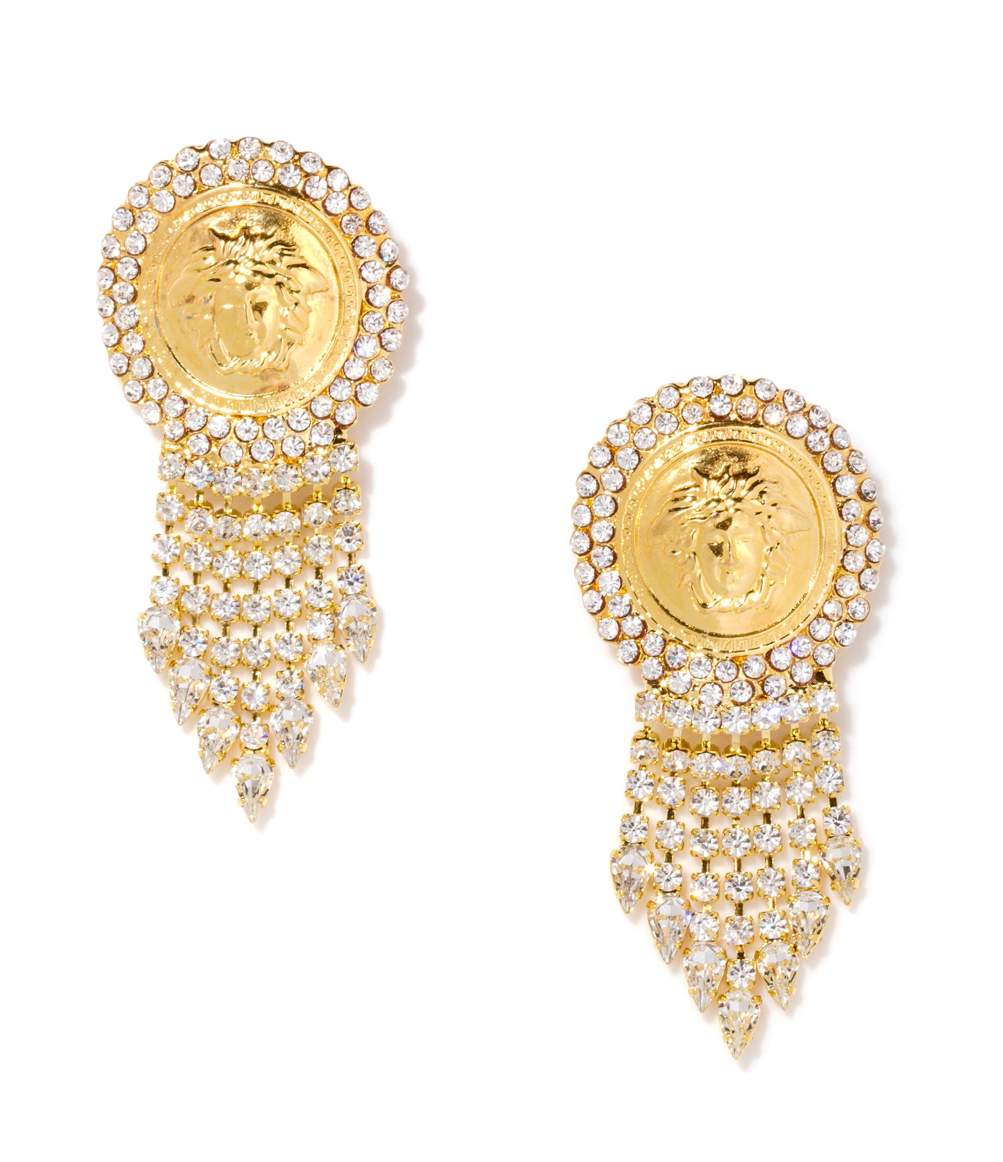 A Pair of Gianni Versace Medusa and Rhinestone Fringe Earclips, Medallion: 1.75" diameter; Drop: 3.5".