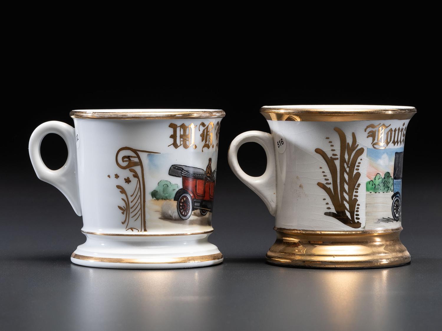 Two Porcelain Shaving Mugs with Automobiles